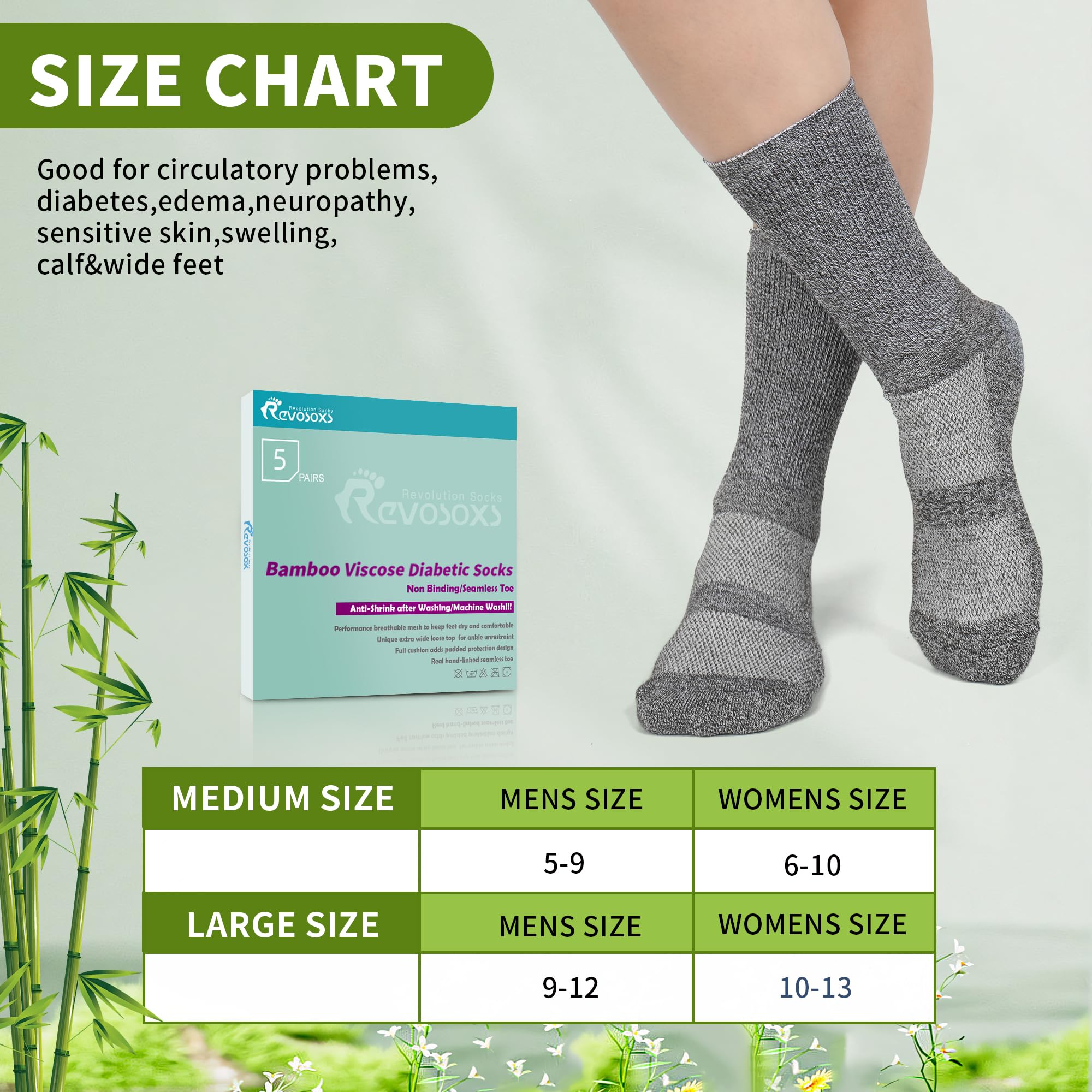 Revosoxs Diabetic Crew Socks for Men Women,Bamboo Viscose Non-Binding Loose Top Wide Socks with Seamless Toe 9-11 10-13（Dark B-Medium）