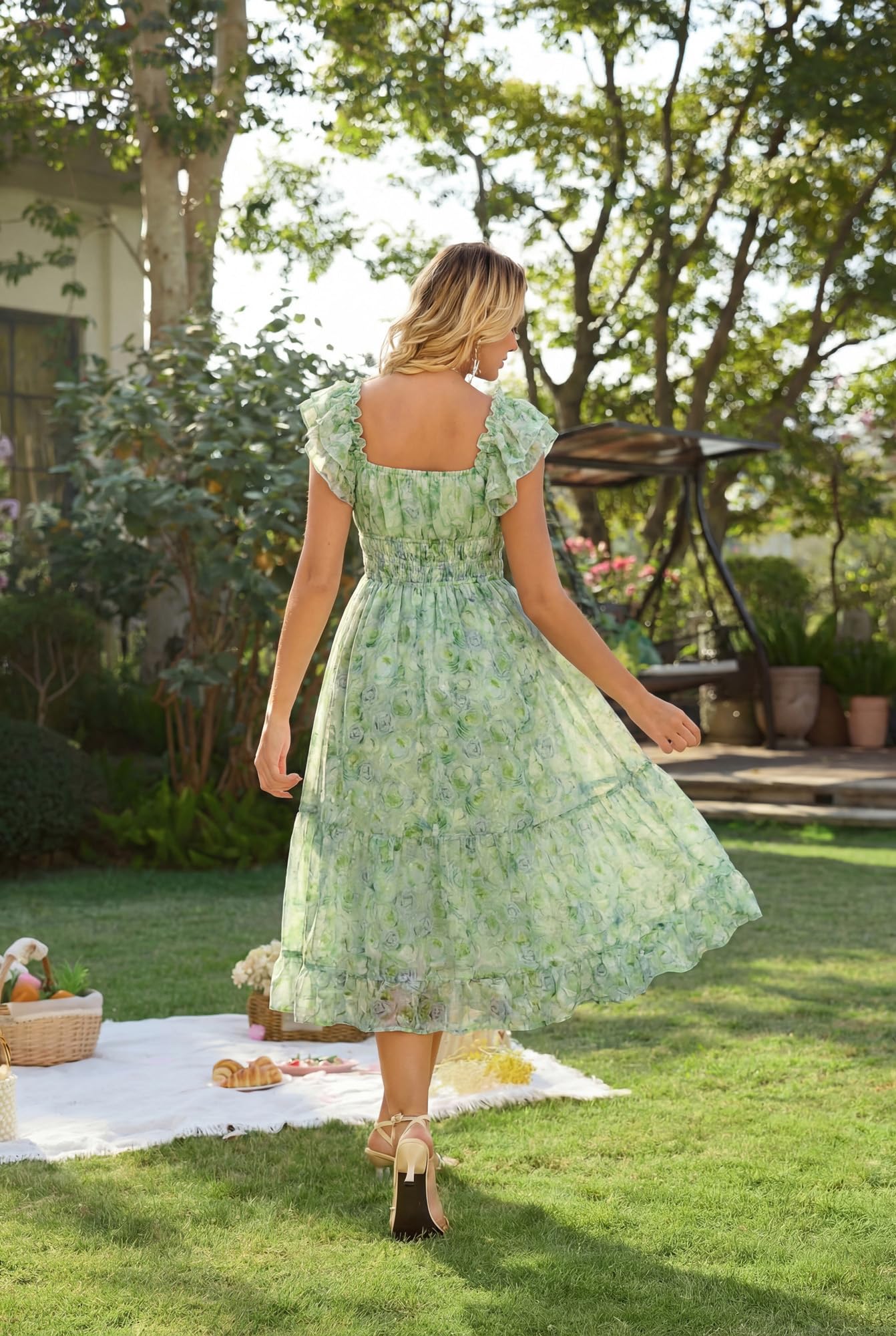 GRACE KARIN 2026 Women's Spring Floral Midi Dress Beach Wedding Guest Dresses Flowy A Line Casual Summer Clothes Green XL