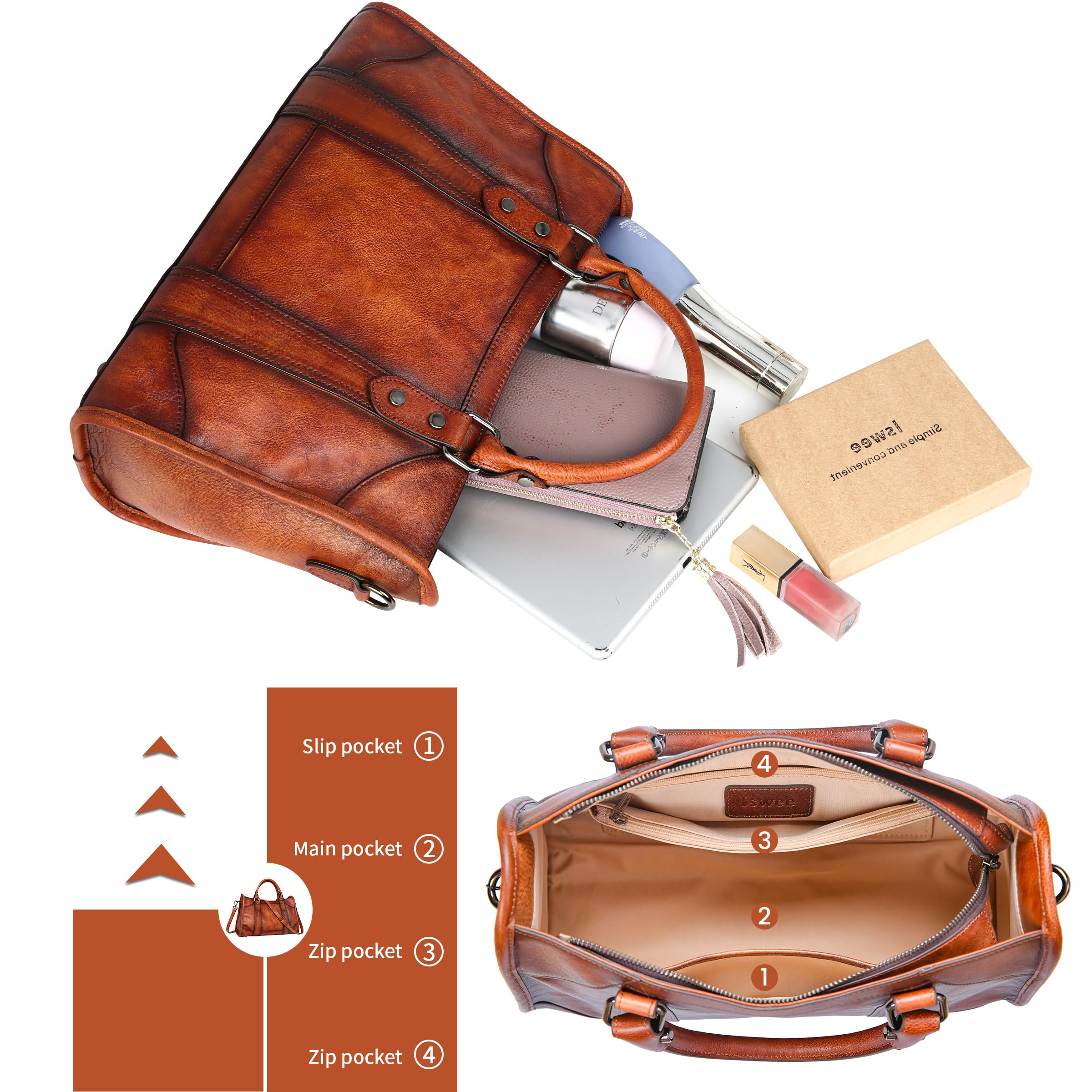 Iswee Dark Brown Leather Purse for Women Satchel Handbags Shoulder Tote