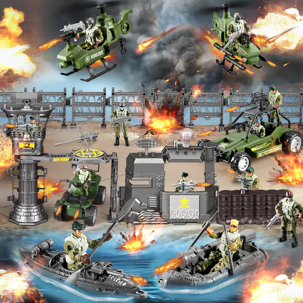 JASSKKBO 87-in-1 Army Men Toys Sets for Boys 4-7 8-12 , Military Base/Truck/Helicopter/Kayak Boat/Motorcycle/Army Men Action Figures/Weapon Gears, Army Toys for Boys Kids Birthday Gifts Party Favors