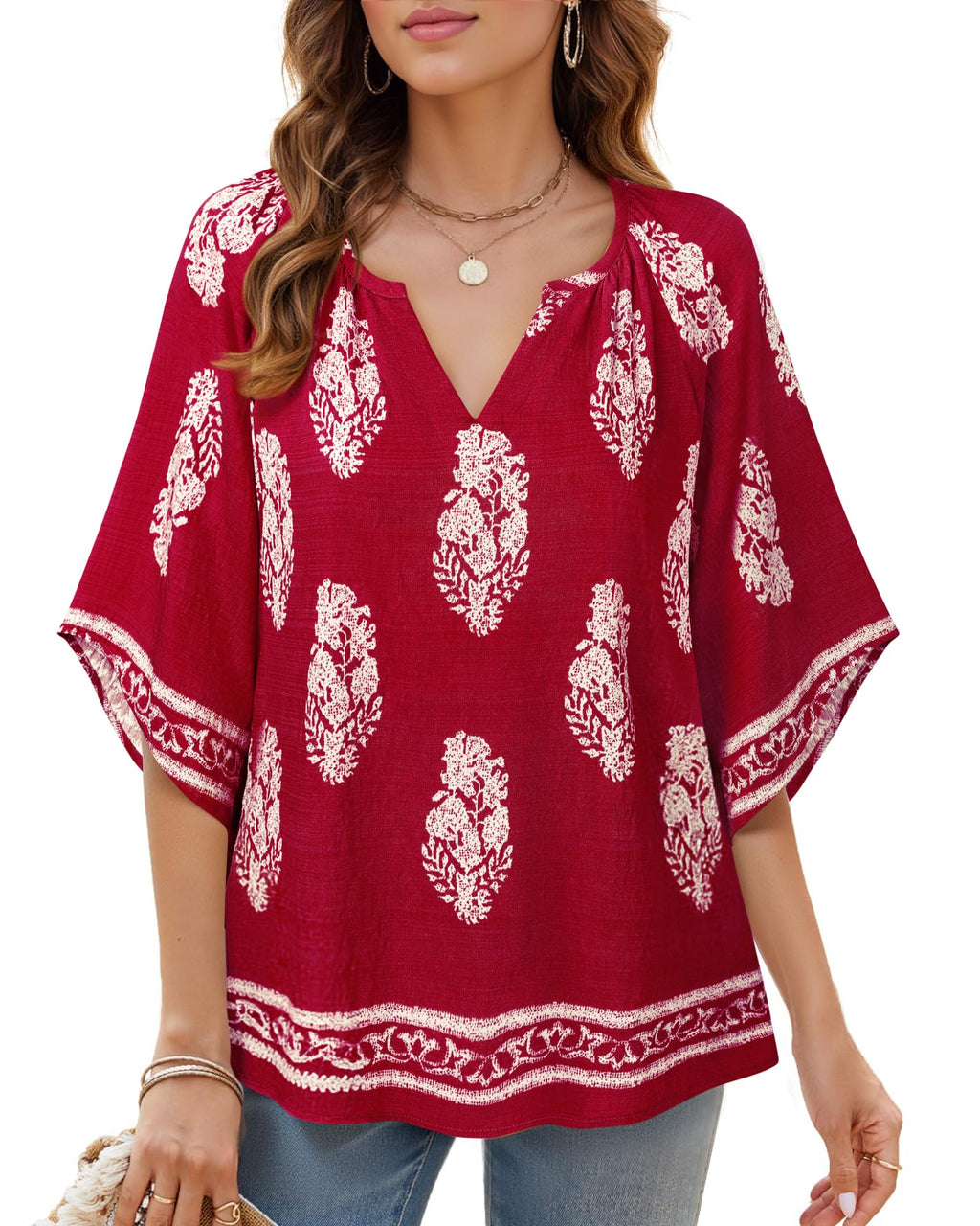 Bebonnie Summer Blouses for Women 2025: 3/4 Sleeve Dressy Casual V Neck Boho Tops - Professional Blouses for Women Office Wear - Work Dress Shirts Teacher Clothes Multi Wine XXL