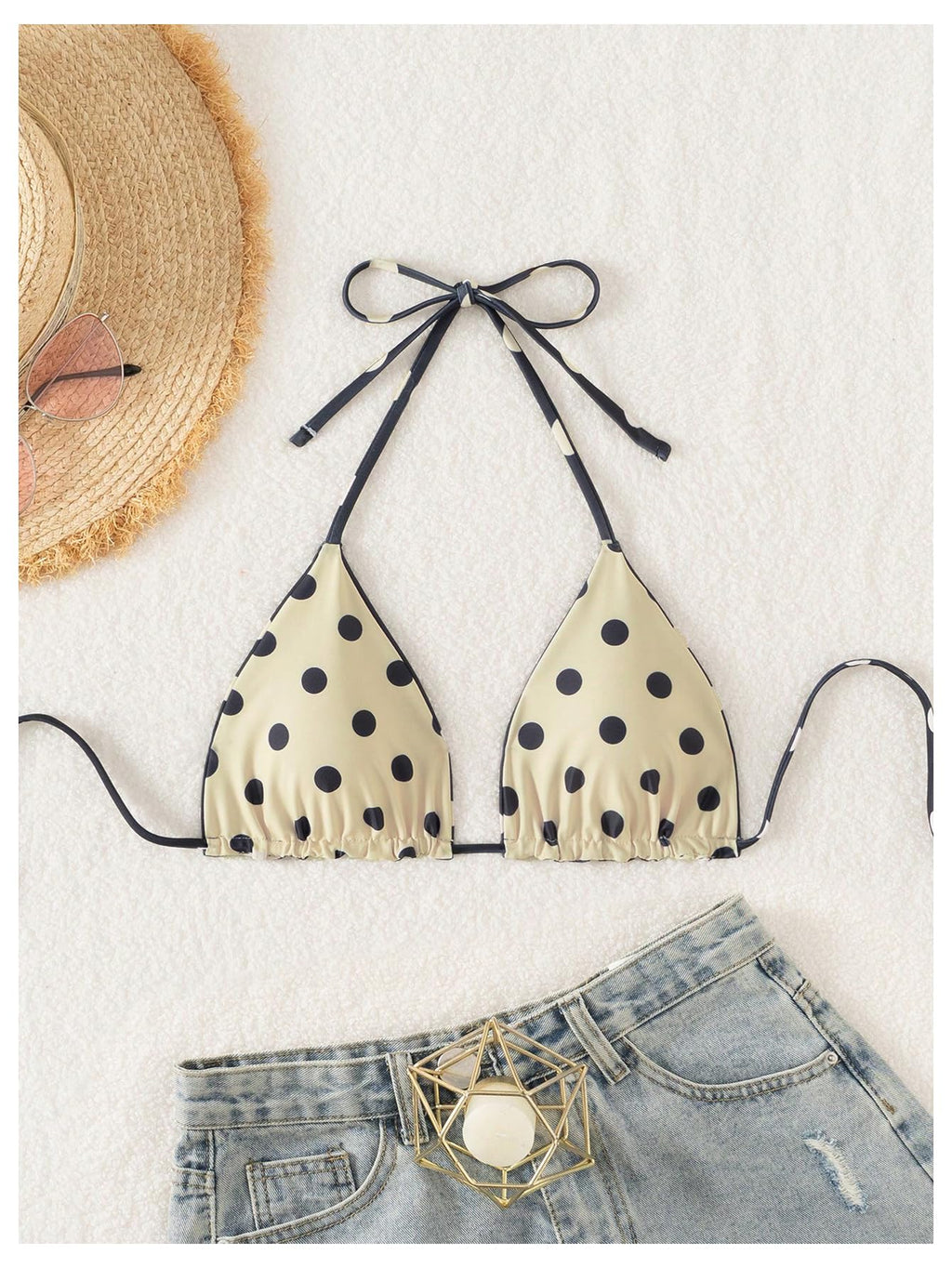 WDIRARA Women's Polka Dots Triangle Bikini Top Micro Halter Swimsuit Tops Black and White Medium