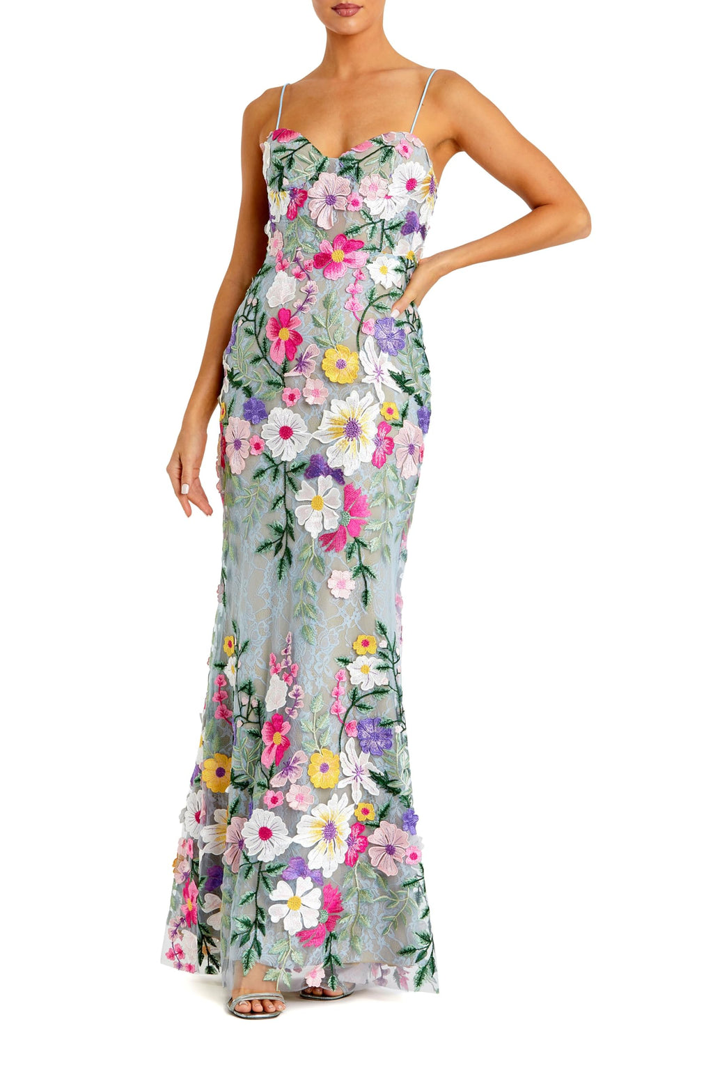 Mac Duggal Sage Multi Petite Floral Embroidered Bustier Maxi