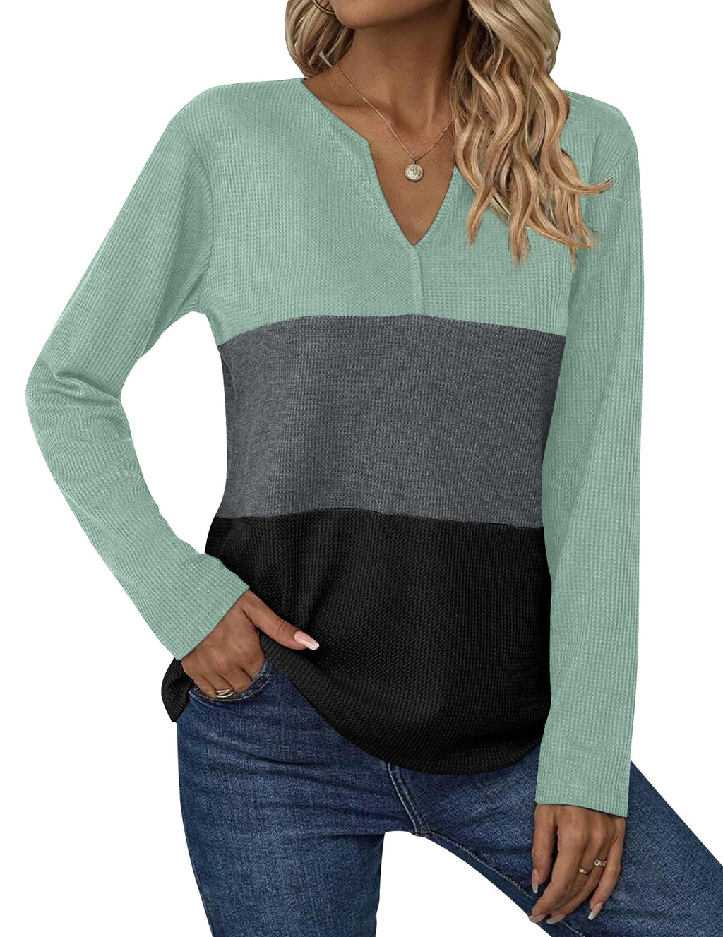 Zeagoo Tunic Tops for Women Long Sleeve V Neck T Shirts Color Block Waffle Knit Shirts Casual Fall Shirt,Mint/Charcoal/Black XL