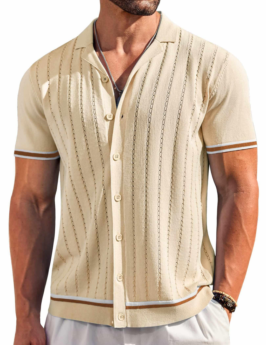 COOFANDY Men's Beach Summer Shirt Stretch Shirt Novelty Button Down Shirts Vacation Shirts Beige