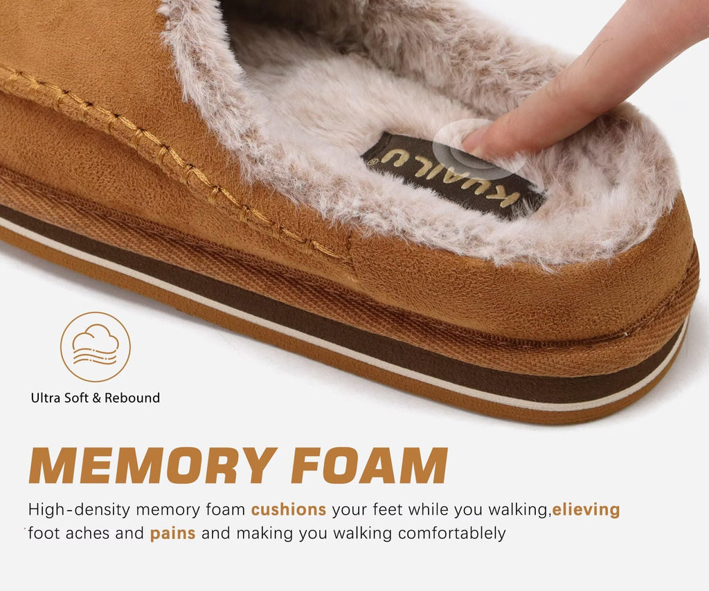 KuaiLu Mens Slippers with Orthopedic Arch Support Suede Faux Fur Fluff Plush Wool-like Warm House Shoes Comfortable Slip-on Bedroom Indoor Outdoor Clogs Slippers for Man, Size Khaki 7