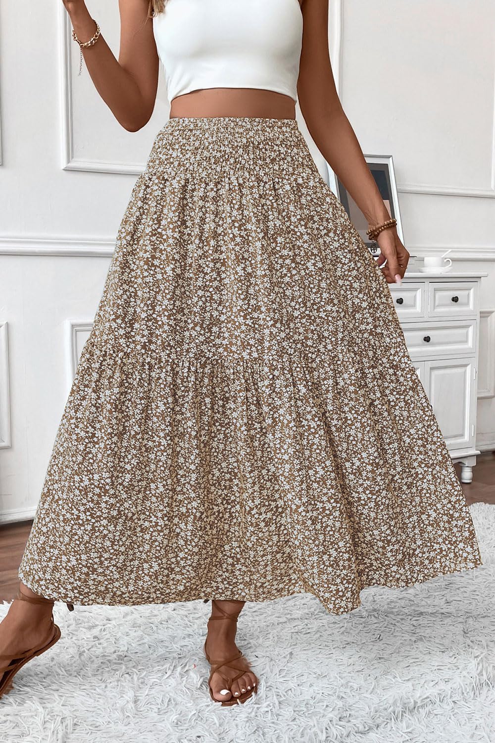 TuoGo Women's Smocked High Waist Maxi Long Skirt with Pockets (L,932-Khaki Floral)