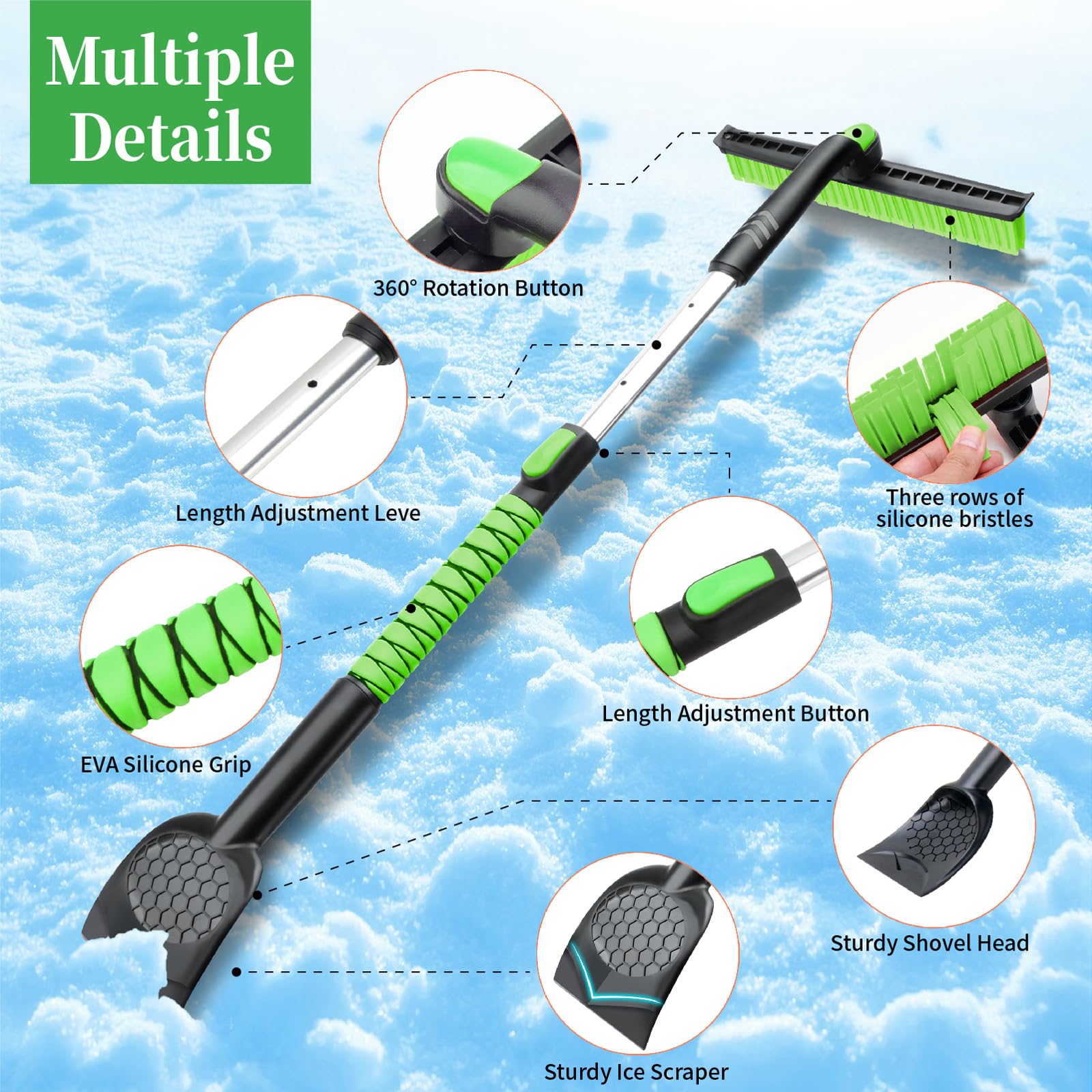 45.6" Ice Scraper and Snow Brush for Car Windshield [Silicone Bristles] ,3-in-1 Extendable Emergency Snow Shovel with Ergonomic Foam Grip and 360° Pivoting Brush Head for Christmas, Car Auto Truck SUV