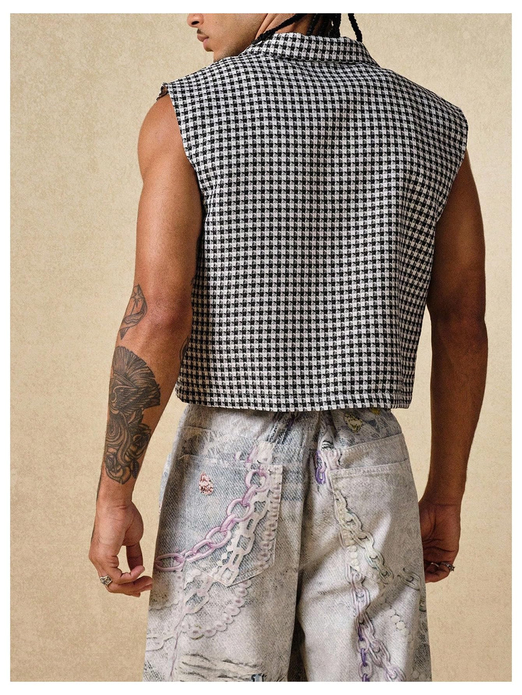 GORGLITTER Men's Gingham Plaid Cropped Shirt Button Up Sleeveless Boxy Y2K Collar Streetwear Vest Tops Black and White Small