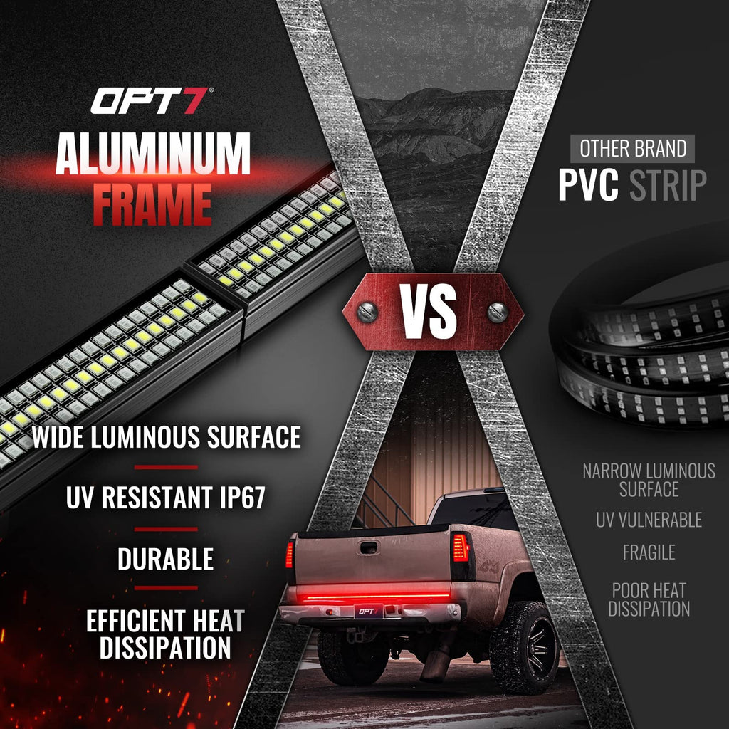 OPT7 Redline Parlux 60" Aluminum Truck Tailgate Light Bar w/Sequential Red Turn - Rigid 2-Section Triple Row LED Light Strip w/Ignition Sequence, Red Running Brake, Triple-Flash White Reverse