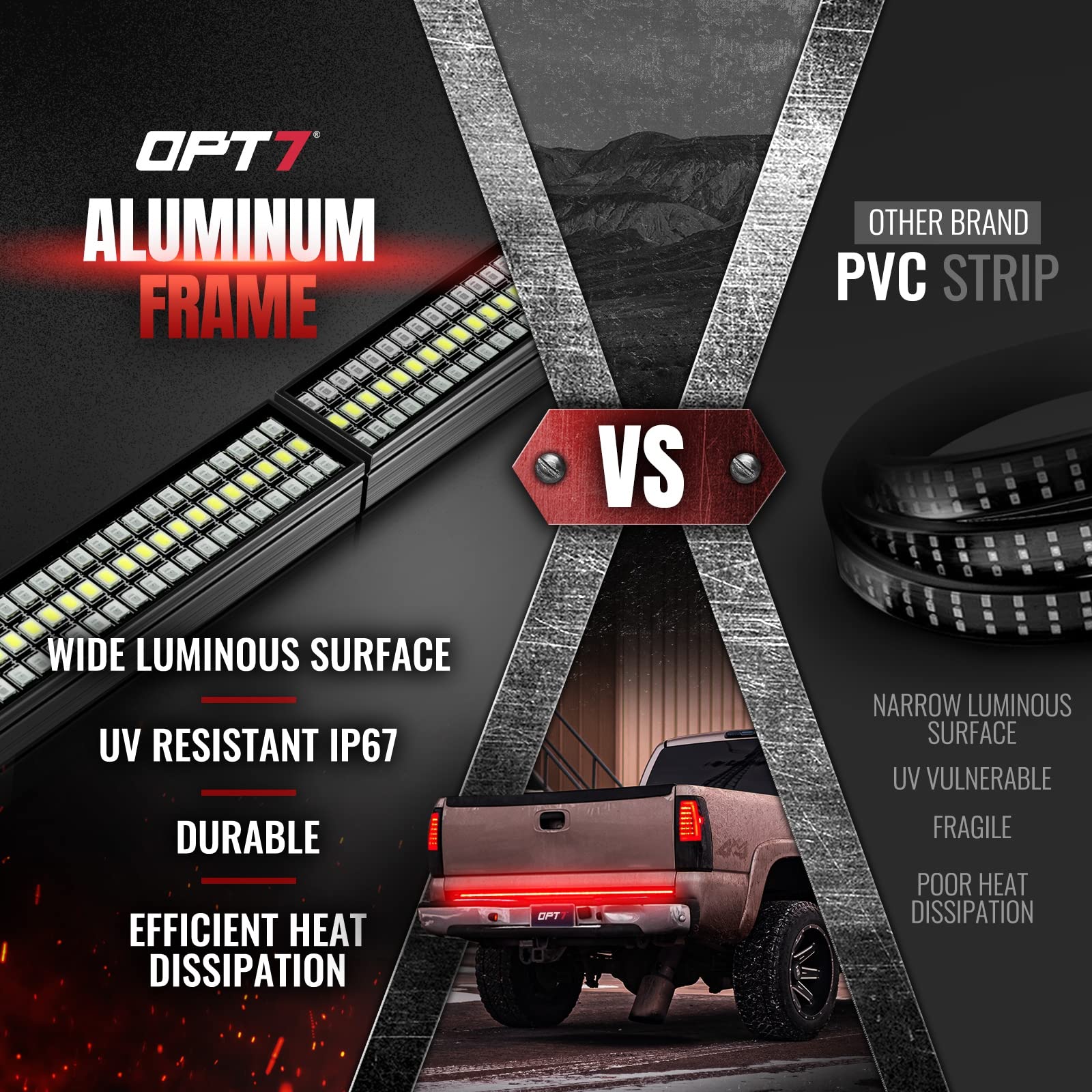 OPT7 Redline Parlux 60" Aluminum Truck Tailgate Light Bar w/Sequential Red Turn - Rigid 2-Section Triple Row LED Light Strip w/Ignition Sequence, Red Running Brake, Triple-Flash White Reverse