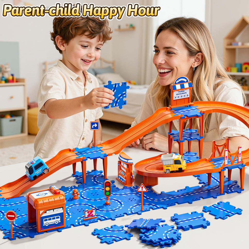 Guminnara Toddler Puzzle Race Cars Track Toys for Kids Age 3-5 2-4 Years, 59PCS Puzzles Car Track Set Includes 2 Cars and Road Signs, Educational Birthday Gifts for Kids, Boys and Girls