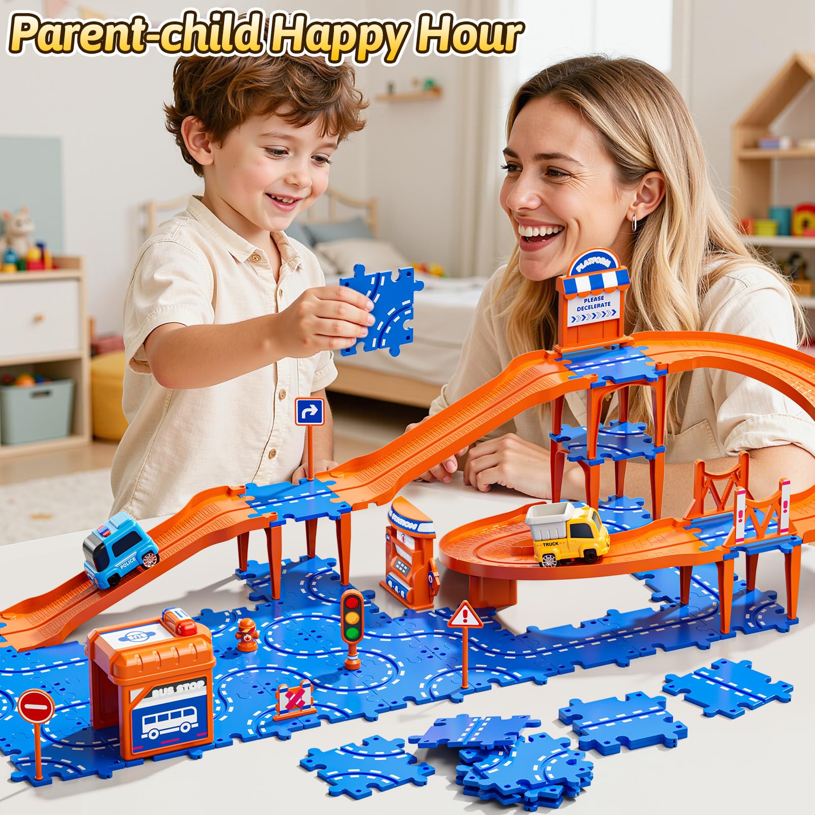 Guminnara Toddler Puzzle Race Cars Track Toys for Kids Age 3-5 2-4 Years, 59PCS Puzzles Car Track Set Includes 2 Cars and Road Signs, Educational Birthday Gifts for Kids, Boys and Girls