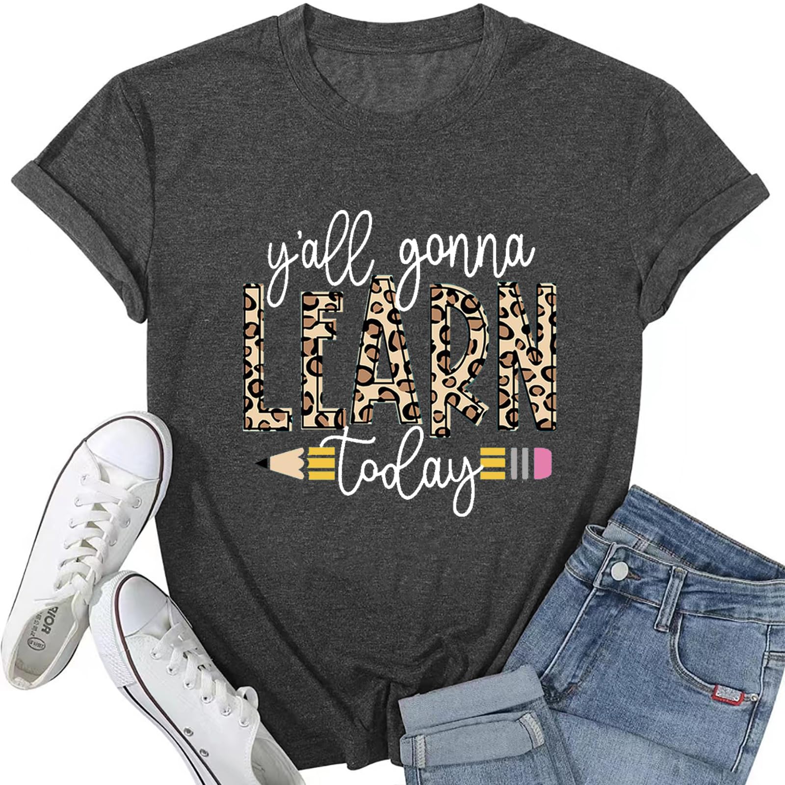 Teacher Shirt Women Y'all Gonna Learn Today Graphic Tees Funny Teach Tops First Day of School Short Sleeve Teaching Outfits Dark Grey XXL