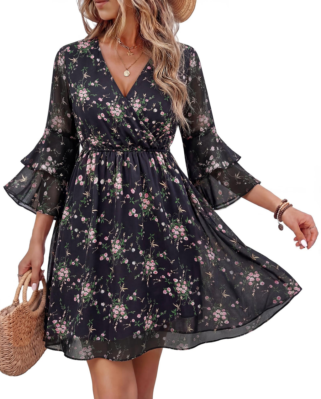 Bebonnie Cocktail Dresses for Women Wedding Guest: Womens 3/4 Sleeve Wrap V Neck Elastic Waist Floral Summer Tea Party Baby Shower Guest Dress Formal Chiffon Flowy Maxi Short Dresses Multi Black XXL