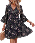 Bebonnie Cocktail Dresses for Women Wedding Guest: Womens 3/4 Sleeve Wrap V Neck Elastic Waist Floral Summer Tea Party Baby Shower Guest Dress Formal Chiffon Flowy Maxi Short Dresses Multi Black XXL