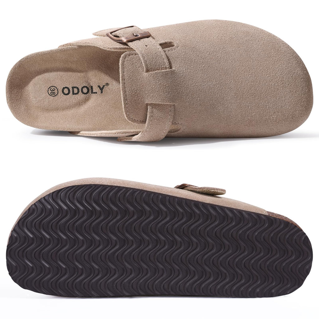 ODOLY Genuine Suede Clogs for Women Men Soft Cork Footbed Leather Mules Comfort Potato Shoes with Arch Support, Taupe 39
