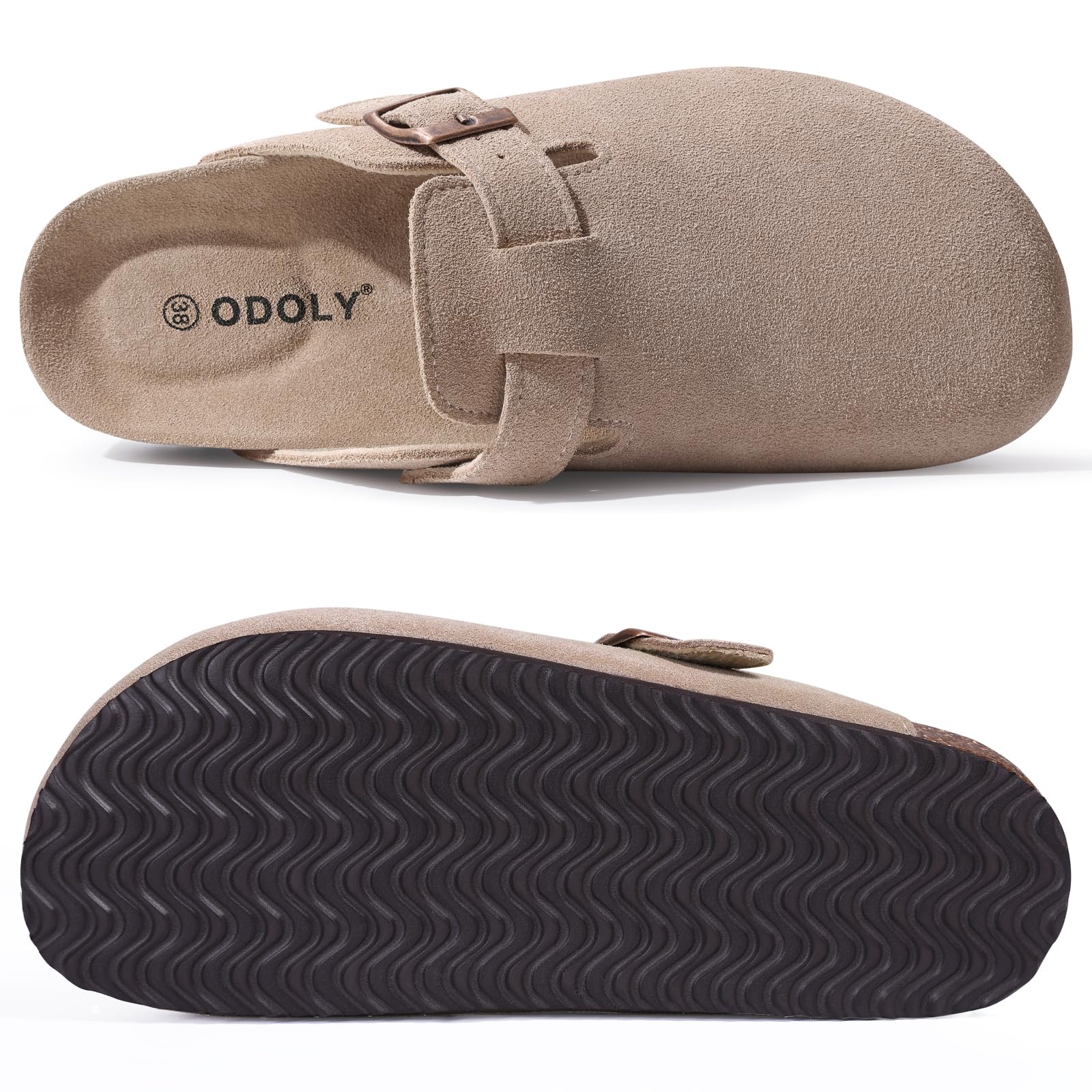 ODOLY Genuine Suede Clogs for Women Men Soft Cork Footbed Leather Mules Comfort Potato Shoes with Arch Support, Taupe 39