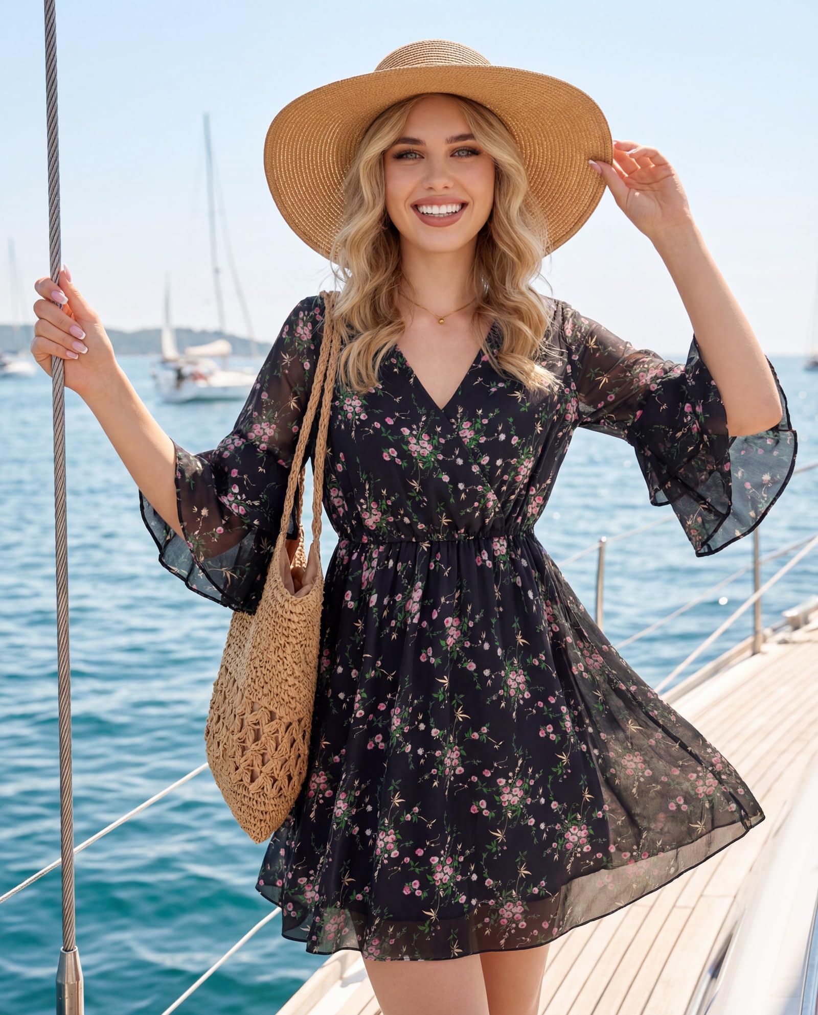 Bebonnie Cocktail Dresses for Women Wedding Guest: Womens 3/4 Sleeve Wrap V Neck Elastic Waist Floral Summer Tea Party Baby Shower Guest Dress Formal Chiffon Flowy Maxi Short Dresses Multi Black XXL