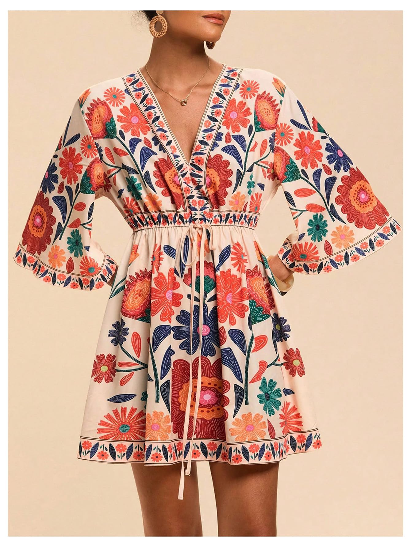 WDIRARA Women's Floral A Line Short Dress V Neck 3/4 Sleeve Flowy Dresses Boho Beach Vacation Multicolored Flower X-Large