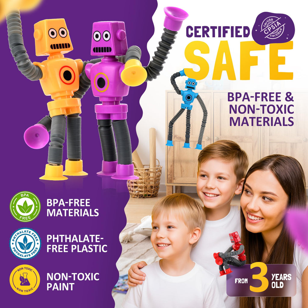 nutty toys Sensory Robot Toys 4pk - Top Pop Tubes Fidget 2026 for ADHD & Autism Ages 3 4 5 6 7 8 9 10 11 12, Best Kids Travel Idea, Unique Easter & Valentines Day Toddler, Tween, Girl & Boy Gifts
