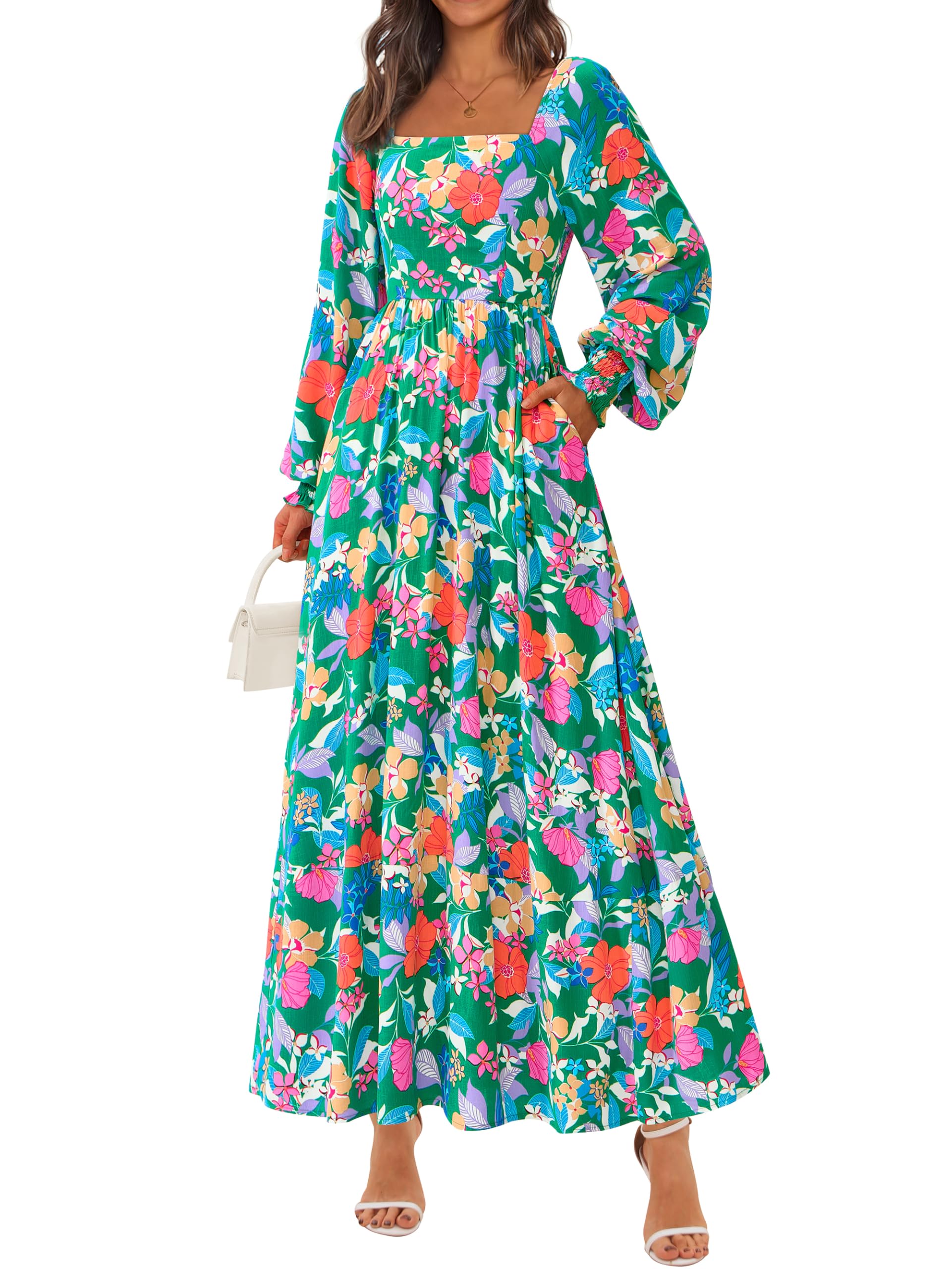 PRETTYGARDEN Women Floral Maxi Dresses 2026 Spring Long Sleeve Square Neck Boho A Line Wedding Guest Casual Flowy Long Dress(Green Floral,X-Large)
