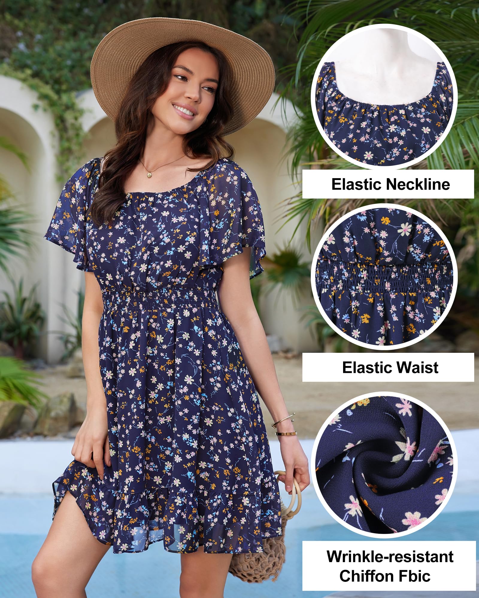 Timeson Women's Summer Dresses：Formal Casual Lightweight Flattering Floral Short Sleeve Dress for Women Busty Work Church Party — Beach Dress Boho Cute Flowy Chiffon Wedding Guest Spring Outfits M