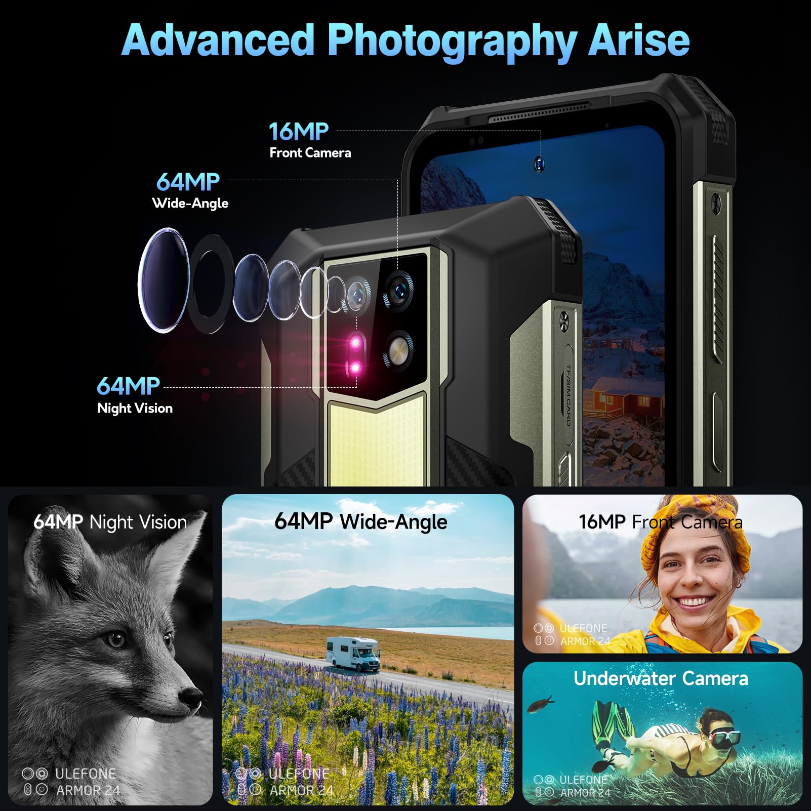 Ulefone Armor 24 22000mAh Mega Battery Unlocked Rugged Phone, Camping Light, 24GB RAM +256GB ROM, 6.78" FHD+120Hz Screen, 64MP Main Camera + 64MP Night Vision Camera, Android 14 Rugged Smartphone NFC