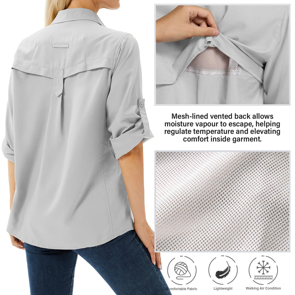 Toumett Women's UPF 50 Long Sleeve UV Sun Protection Safari Shirts Outdoor Quick Dry Fishing Hiking Travel Shirts(5071,Grey,M)