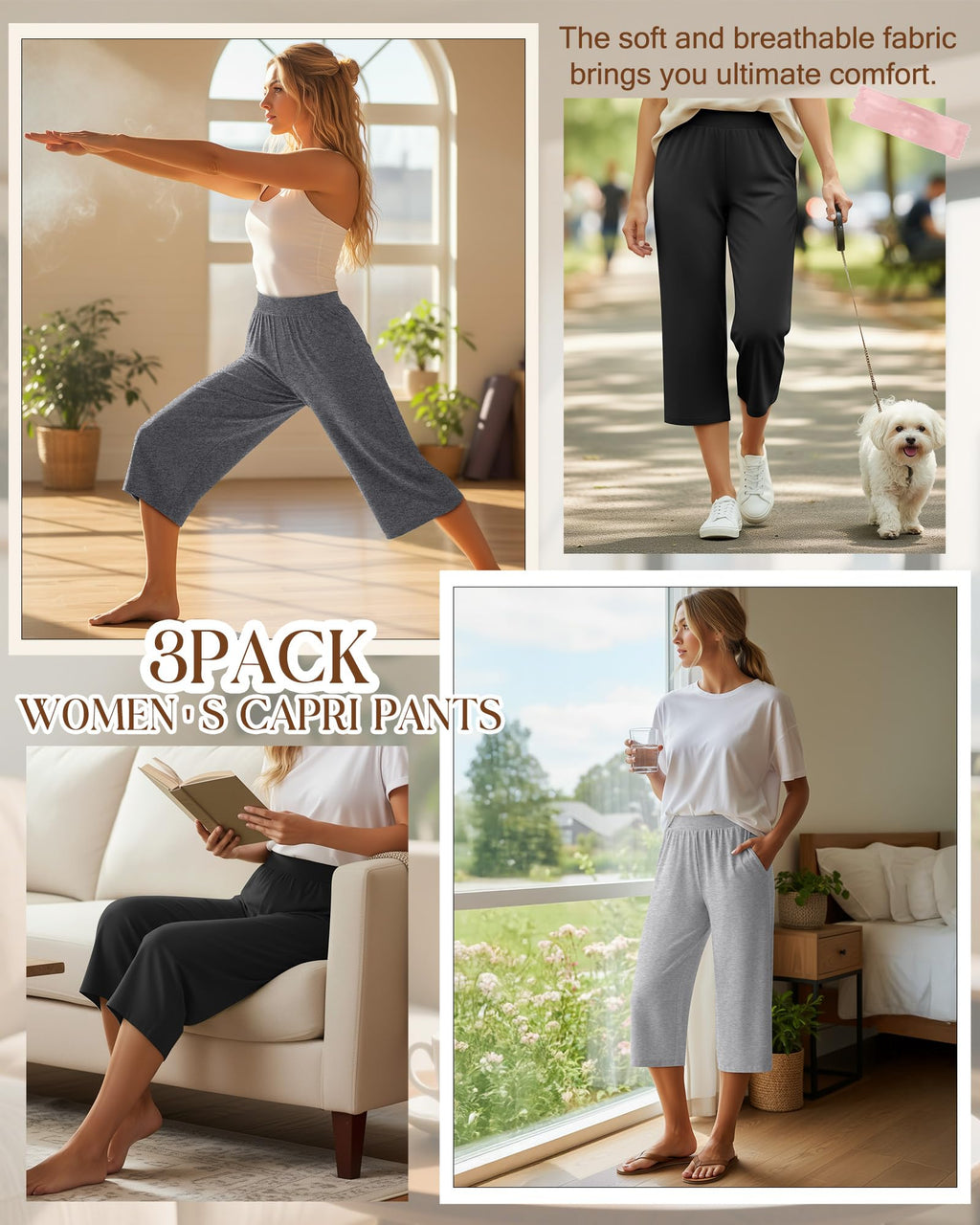 Huukeay 3 Pack Women's Wide Leg Capris Sweatpants, X-Large, 3-Color