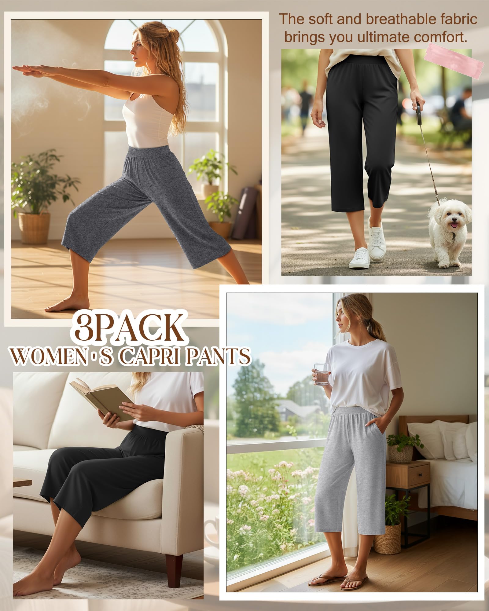 Huukeay 3 Pack Women's Wide Leg Capris Sweatpants, X-Large, 3-Color