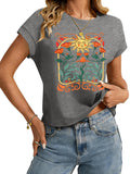 TAKEYAL Womens Graphic T Shirts Cute Summer Boho Grey Cap Sleeve Vintage Cotton Tee Tops Large G Grey