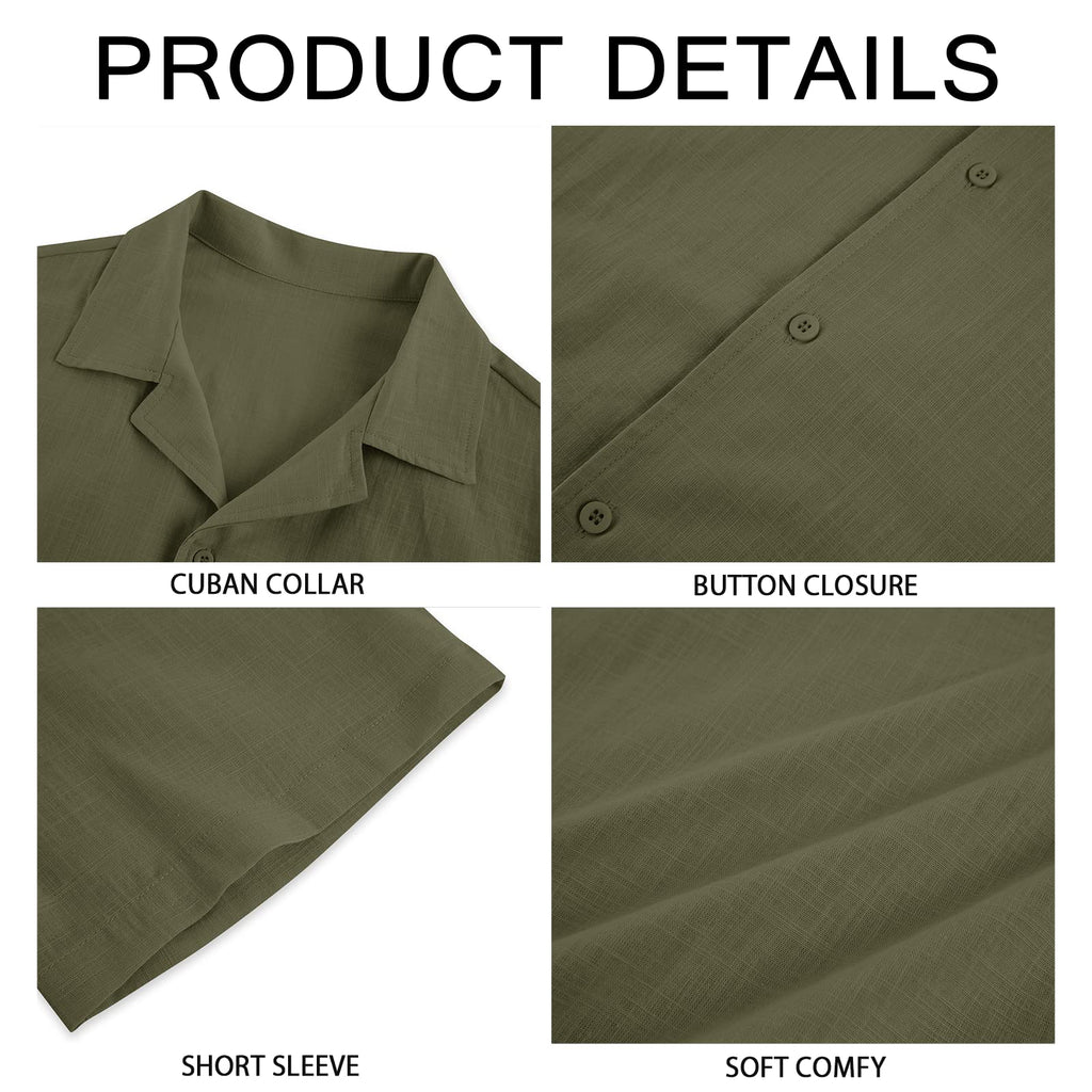 Mens Linen Button Down Shirts Short Sleeve Basic Cuban Regular Fit Wedding Summer Beach Tops Army Green