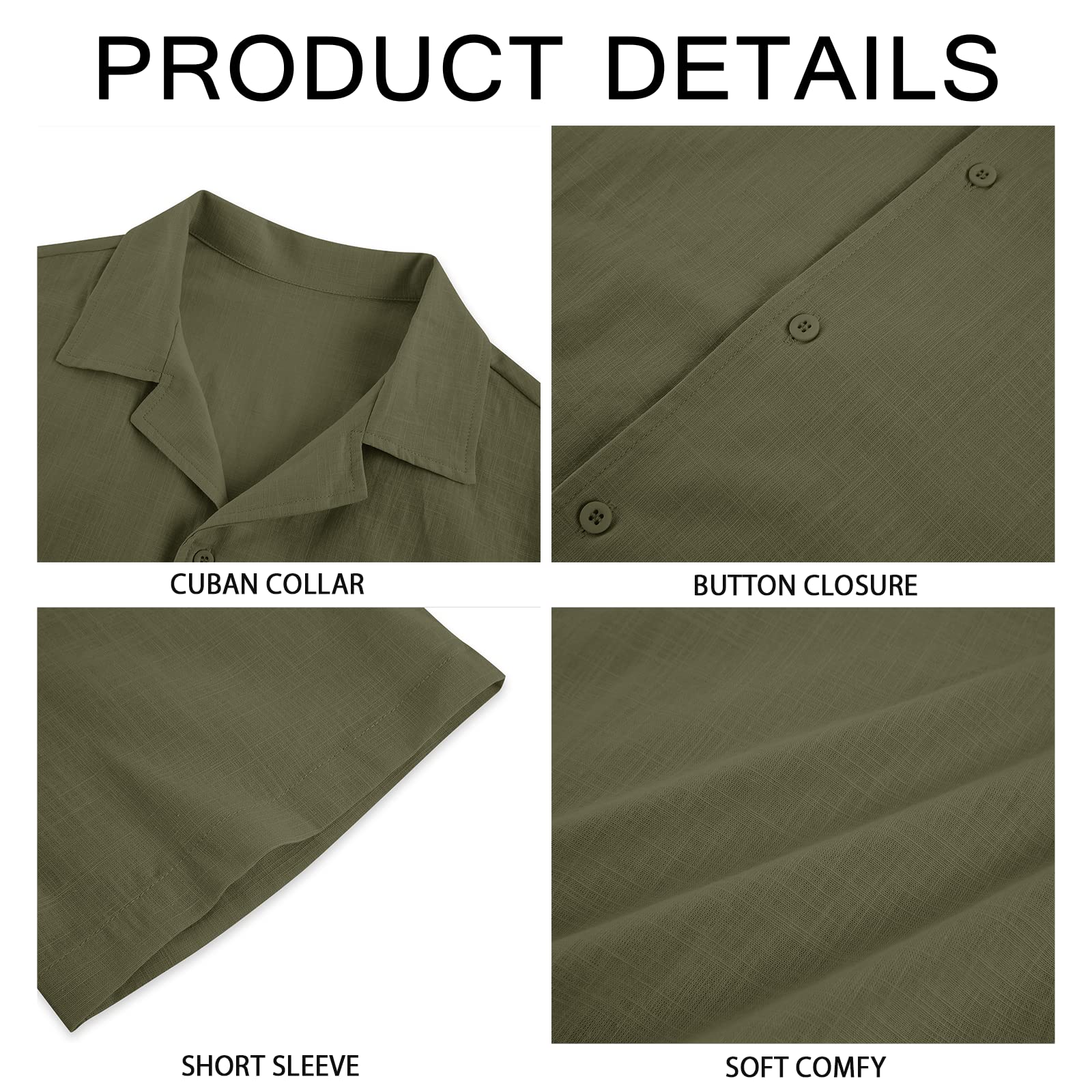Mens Linen Button Down Shirts Short Sleeve Basic Cuban Regular Fit Wedding Summer Beach Tops Army Green