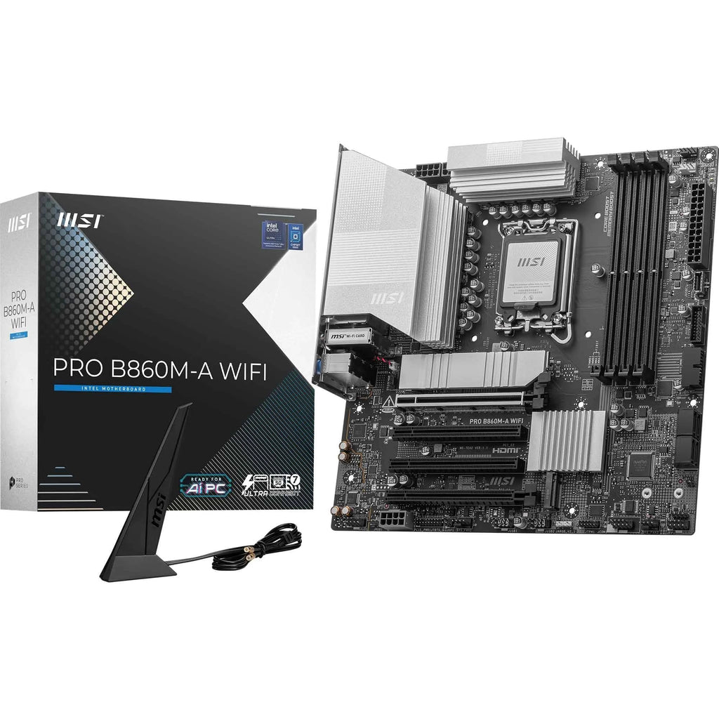 MSI PRO B860M-A WiFi Motherboard, mATX - Supports Intel Core Ultra Processors (Series 2), LGA 1851-12 DRPS, DDR5 Memory Boost (8600+ MT/s OC), PCIe 5.0 x16 & 4.0 x16, M.2 Gen5, Wi-Fi 7, 5G LAN