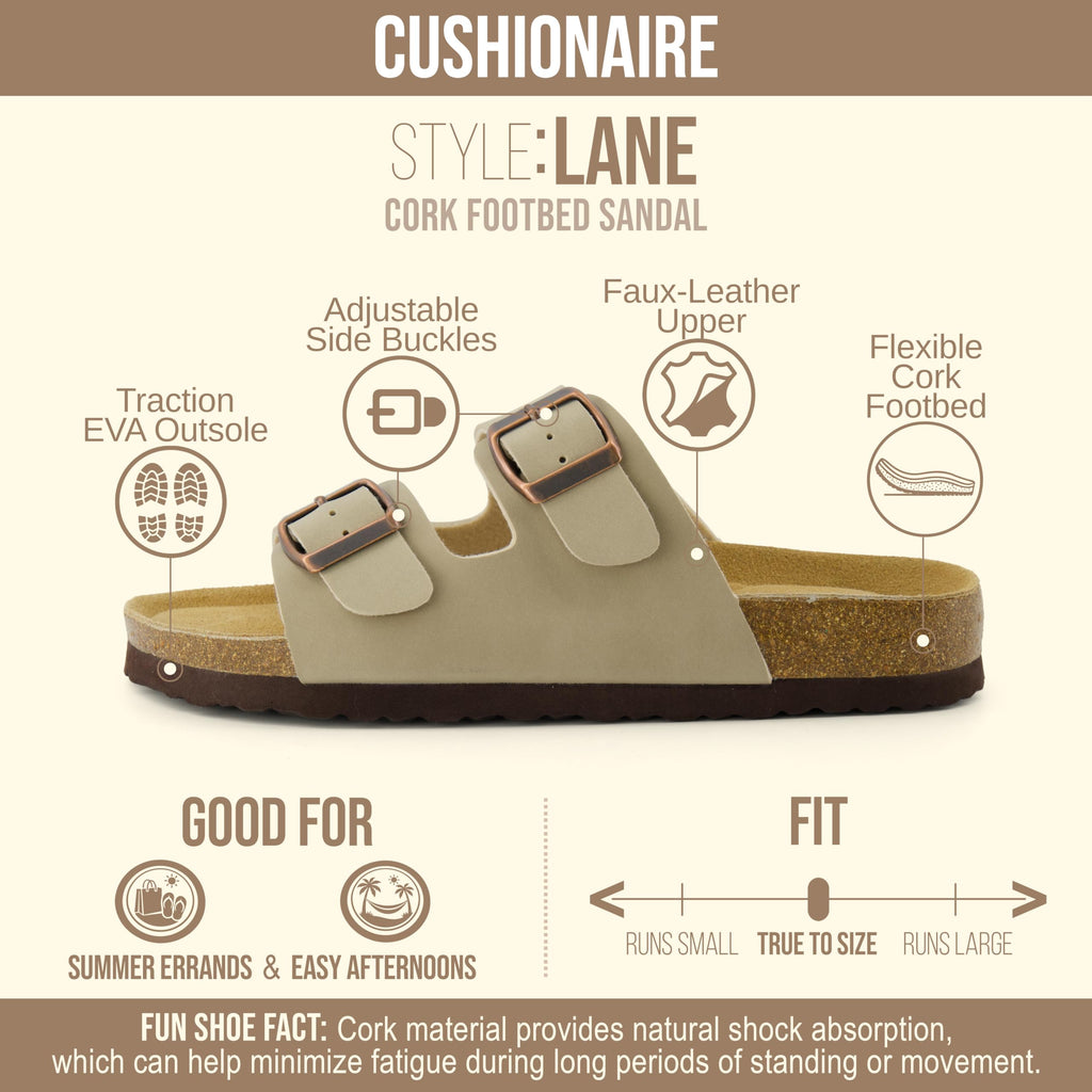 CUSHIONAIRE Lane Cork Footbed Womens Sandals Comfortable Double Buckle Slip On Sandals for Women with Arch Support and Classic Two Strap Design, STONE 8W