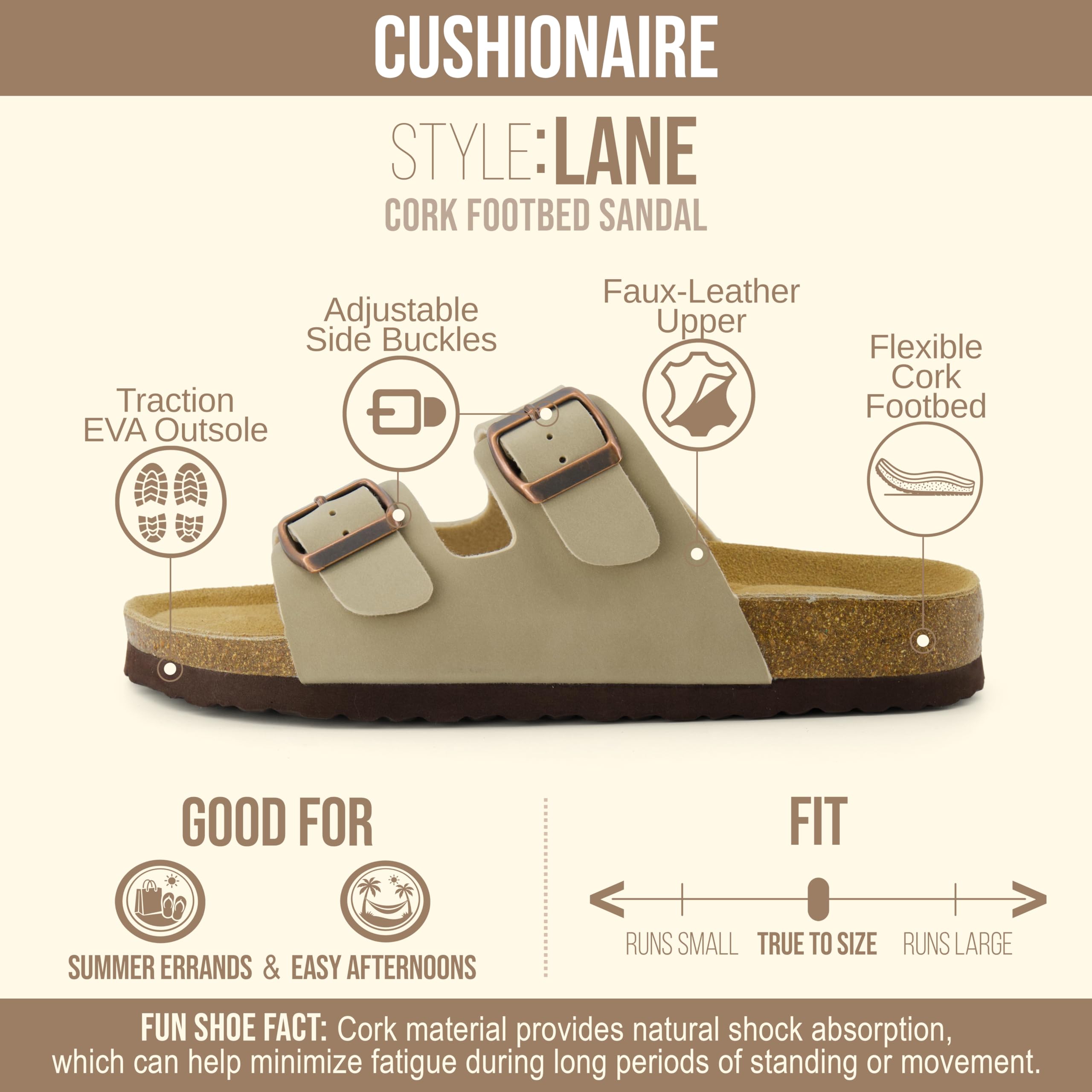 CUSHIONAIRE Lane Cork Footbed Womens Sandals Comfortable Double Buckle Slip On Sandals for Women with Arch Support and Classic Two Strap Design, STONE 8W
