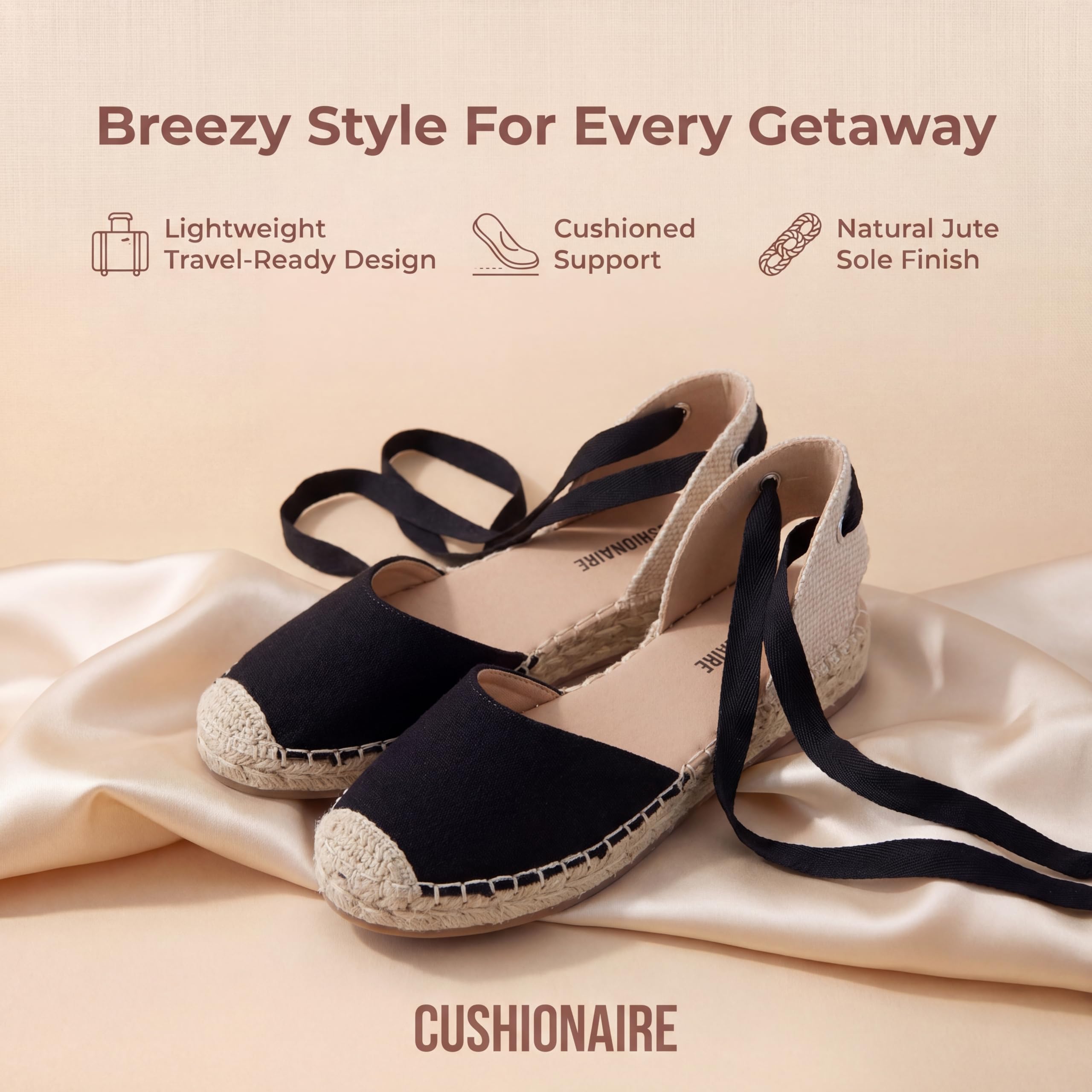 CUSHIONAIRE Talisa Espadrilles for Women, Closed Toe Wedge Sandal with Elastic Ankle Strap and Jute Wrapped Sole, BLACK 11