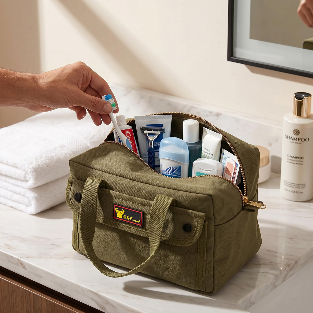 Waxed Canvas Duffle Bag, 11" Small Compact Travel & Tool Bag, Military Style Water-Resistant Canvas with Adjustable Shoulder Strap & Double Zipper, Gym/Overnight Carry Organizer, Olive Green