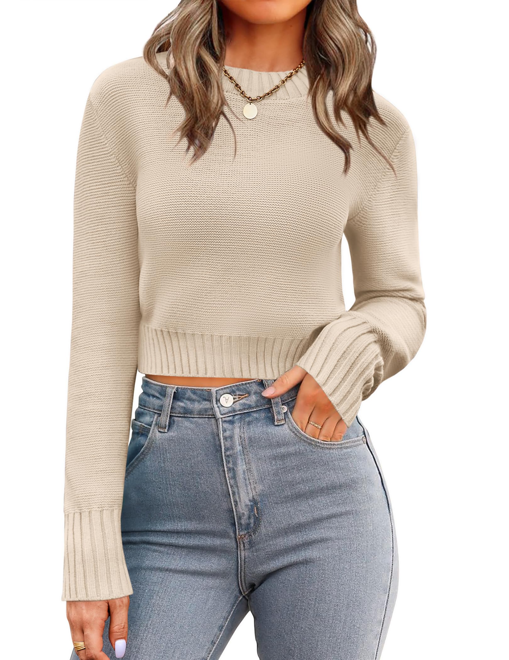 Zeagoo Women's 2025 Fall Crewneck Cropped Sweater Trendy Long Sleeve Ribbed Knit Pullover Jumper Tops Beige