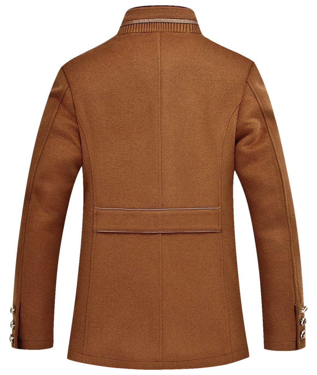 chouyatou Men's Gentle Band Collar Single Breasted Wool Blend Pea Coat (10Brown, Small)