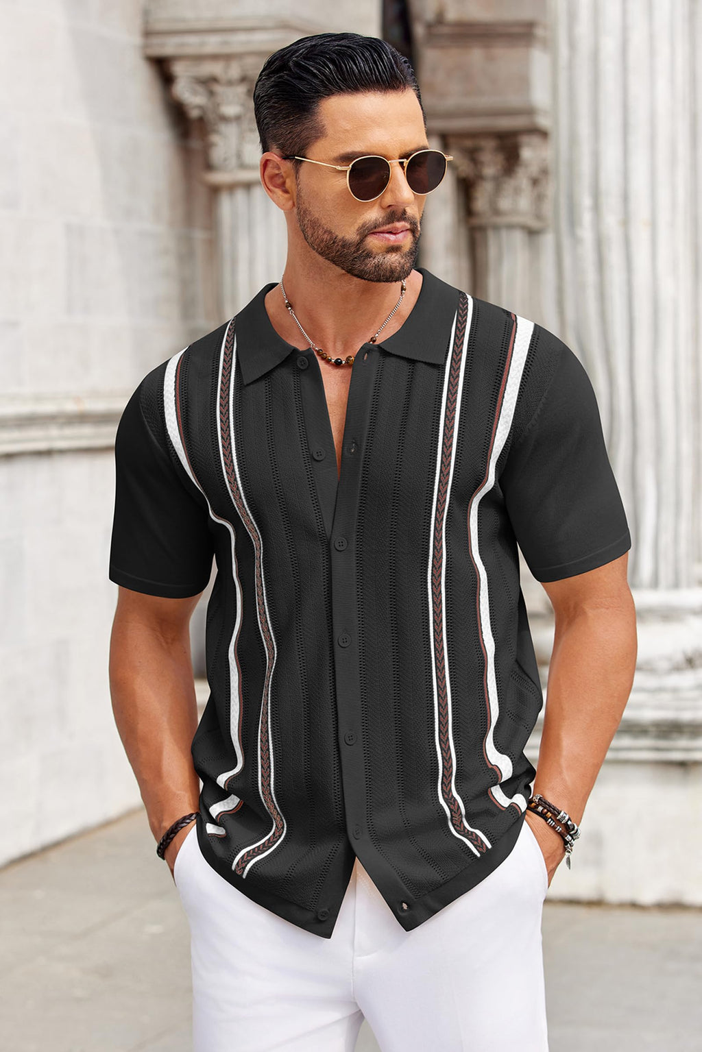 COOFANDY Mens Beach Shirts Cuban Crochet Shirt Short Sleeve Button Down Shirts Trendy Old Money Clothes Bowling Shirts Black XL
