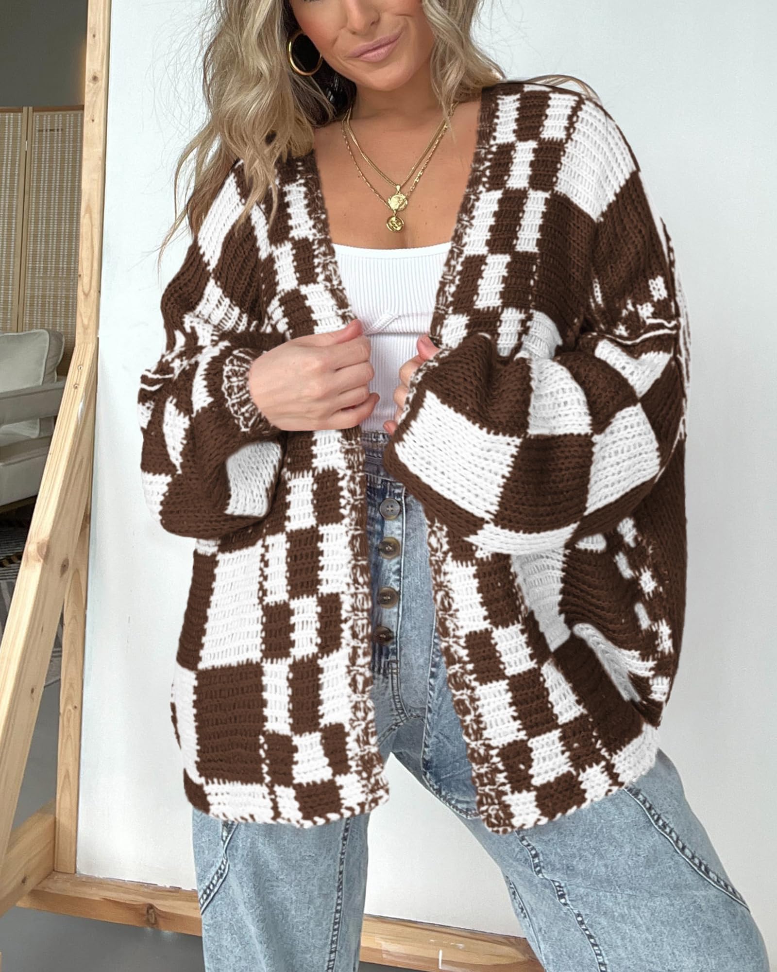 BTFBM Casual Cardigan Sweater for Women Fall 2025 Long Sleeve Open Front Chunky Knit Sweaters Checkered Outwear Coat(Brown,Small)
