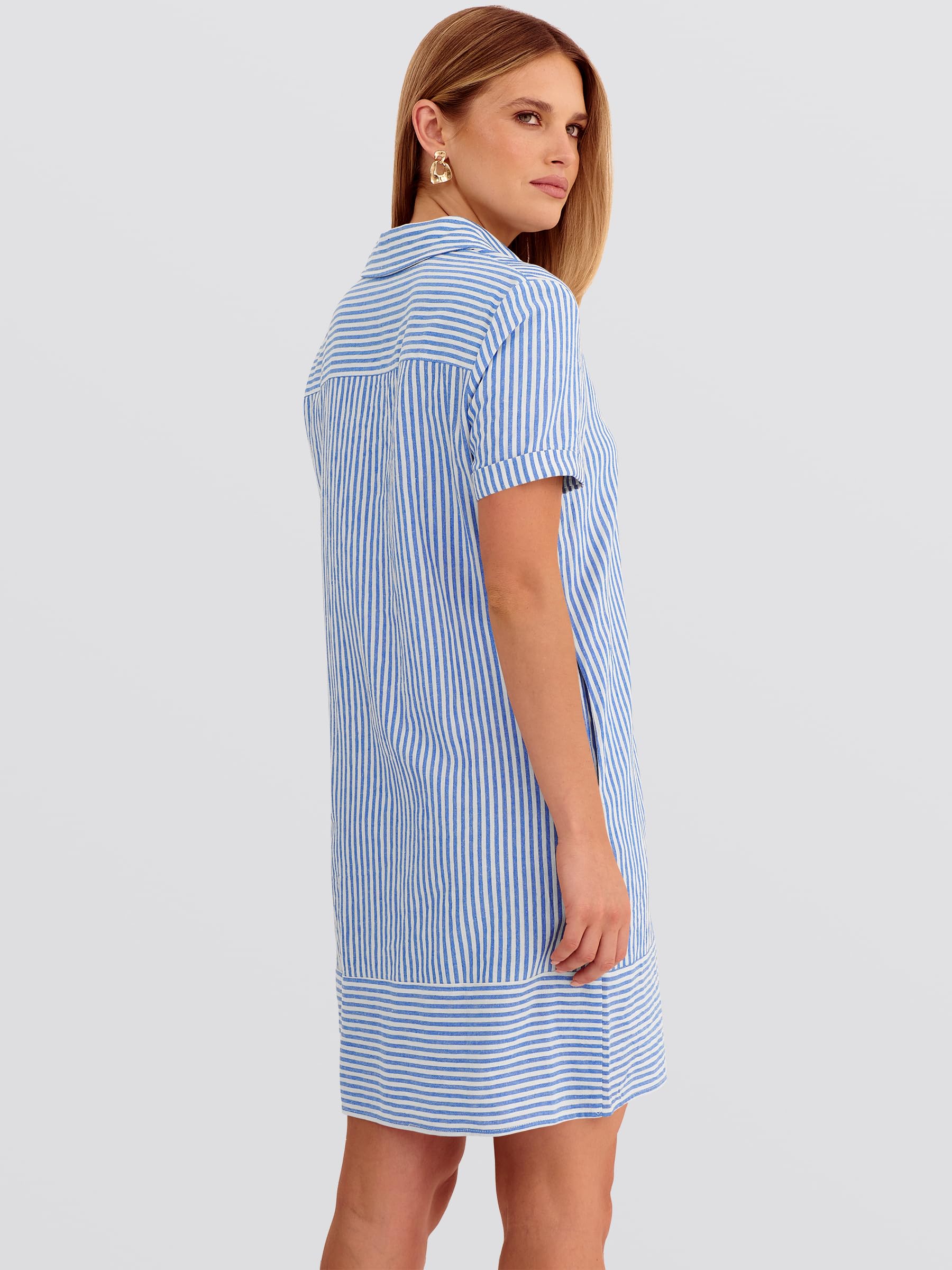 ANRABESS Womens Summer Shirt Dresses Casual Short Sleeve Button Tshirt Shift Short Polo Dress 2026 Beach Vacation Clothes Blue White Stripe Small