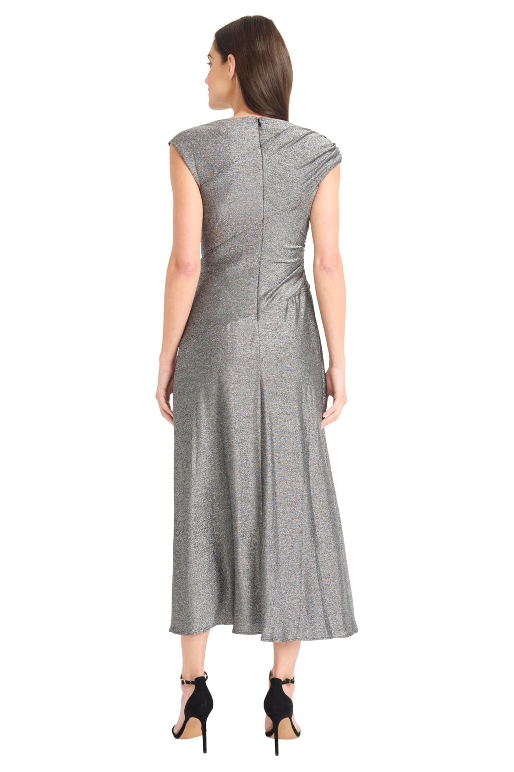 Maggy London Women's Dresses Women's Elegant Ruched Midi Dress - Cap Sleeve Boat Neck - Slim-Fitting Cocktail Dress, Silver, 0