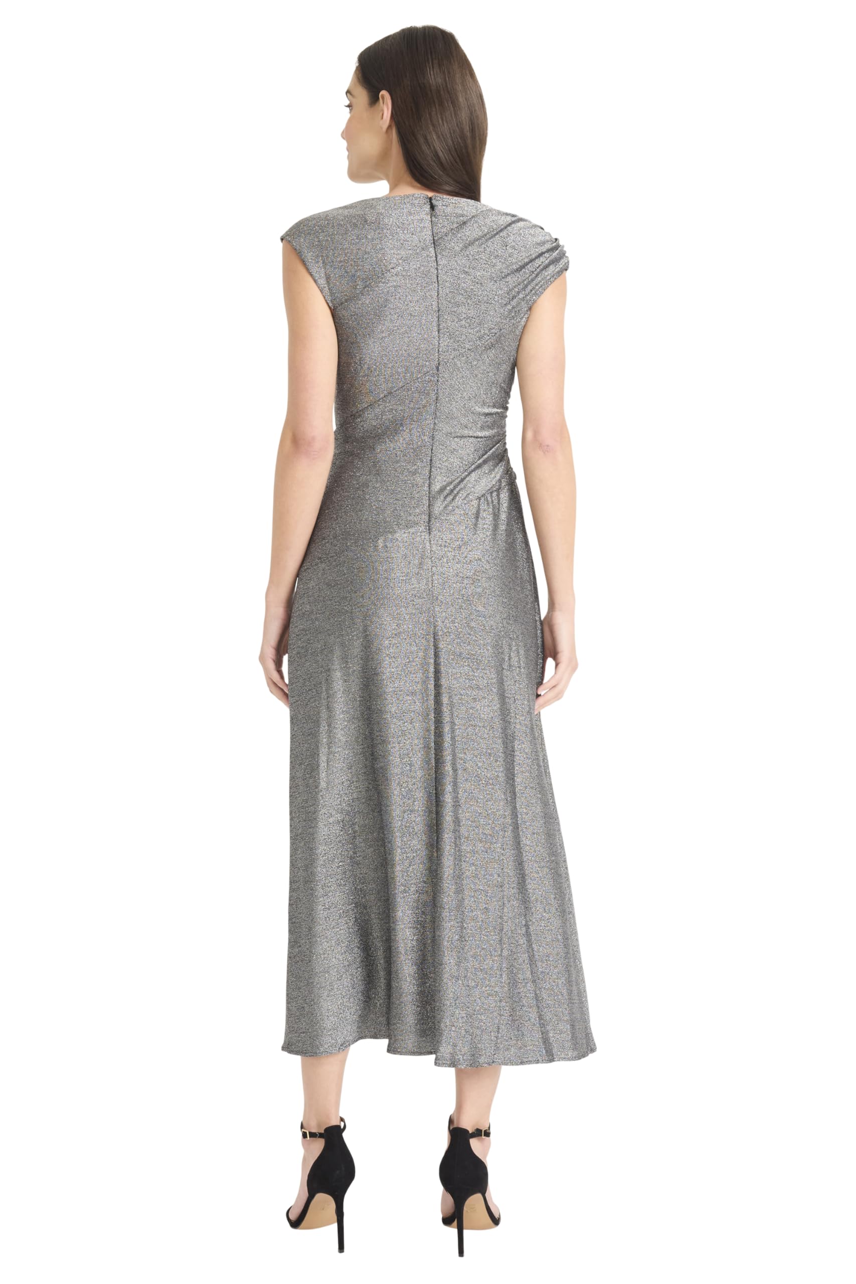 Maggy London Women's Dresses Women's Elegant Ruched Midi Dress - Cap Sleeve Boat Neck - Slim-Fitting Cocktail Dress, Silver, 0