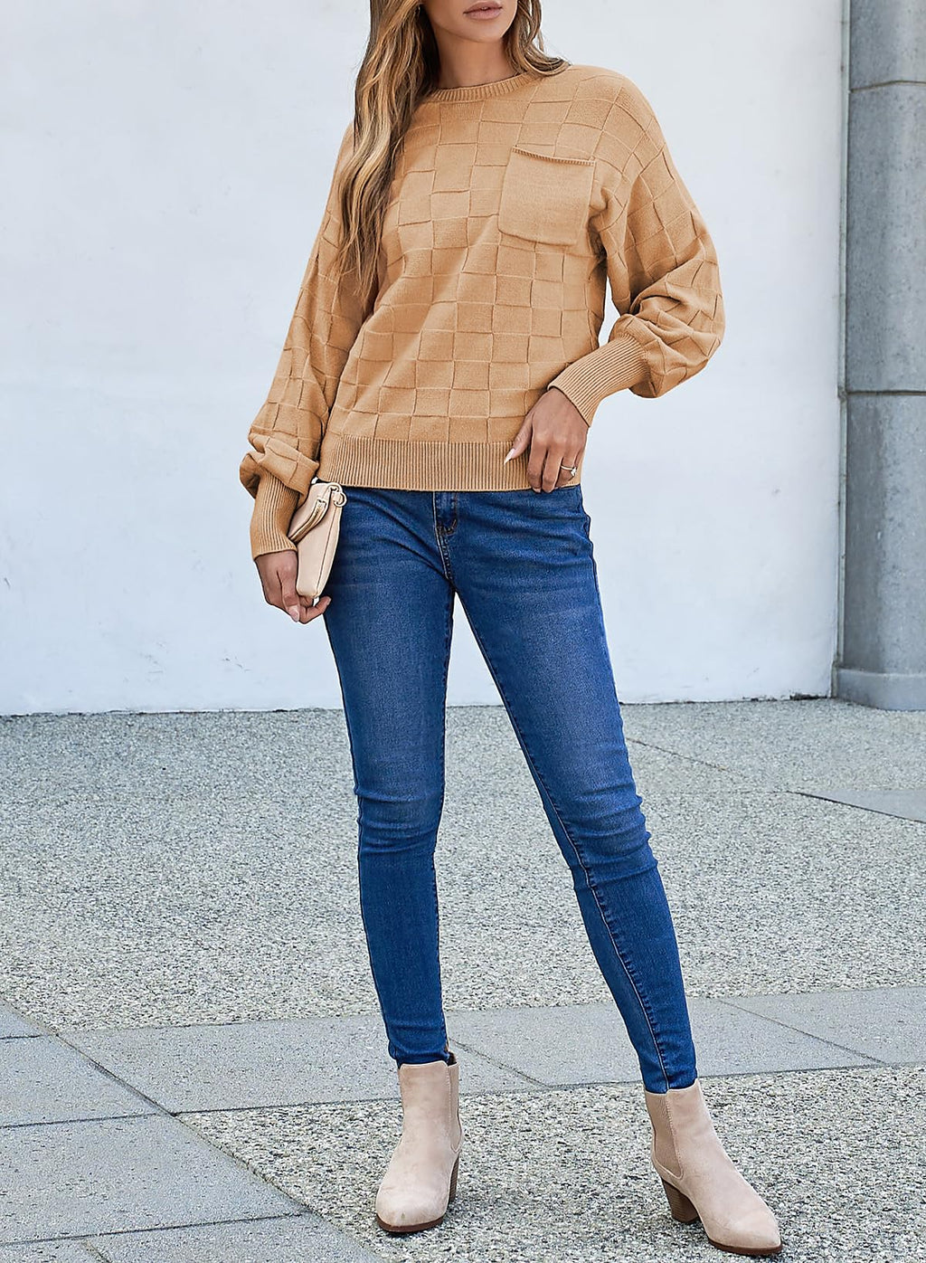 SHEWIN Sweaters for Women Casual Crewneck Long Sleeve Tops Lightweight Knit Oversized Women's Sweaters Spring Clothes for Women Khaki Large