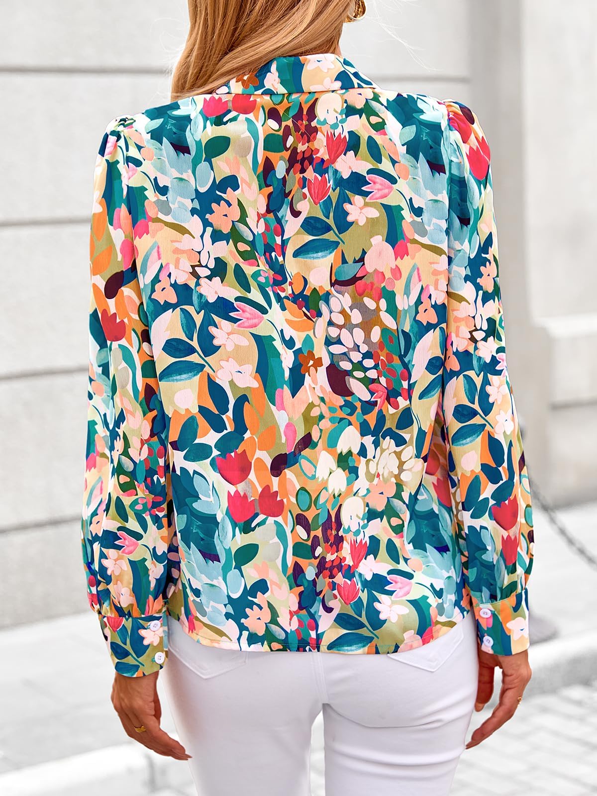 PRETTYGARDEN Women's Floral Blouses Dressy Casual V Neck Button Down Shirts Lantern Long Sleeve Boho Chiffon Spring Tops 2026(Floral Blue Green,M)