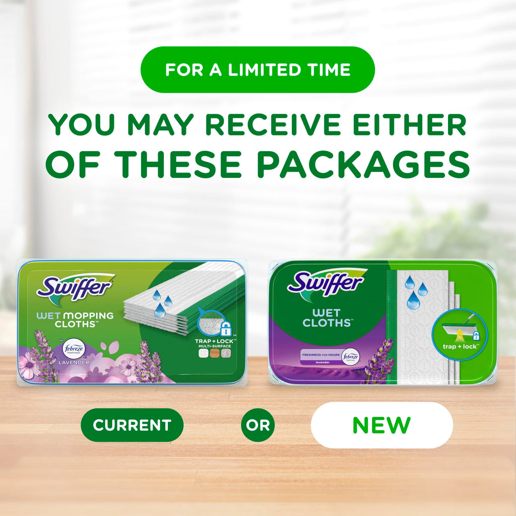 Swiffer Sweep + Mop, Wet Pads Refill, Floor Cleaner for Dirt, Dust, Hair, Cleaning Cloths for Mopping Home, Bathroom, Kitchen, All Purpose Multi-Surface Floor Wipes, Lavender, 12ct