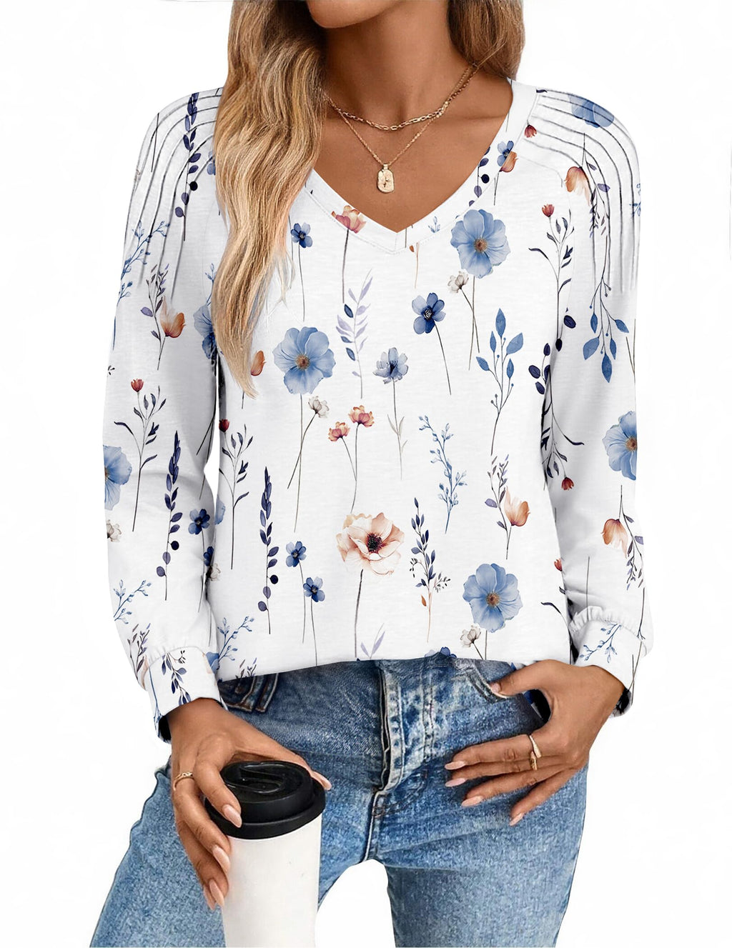 Zeagoo Shirts for Women Tops Long Sleeve V Neck Pleated Fall Casual T Shirts Boho Tunic Fall Winter Trendy Clothes